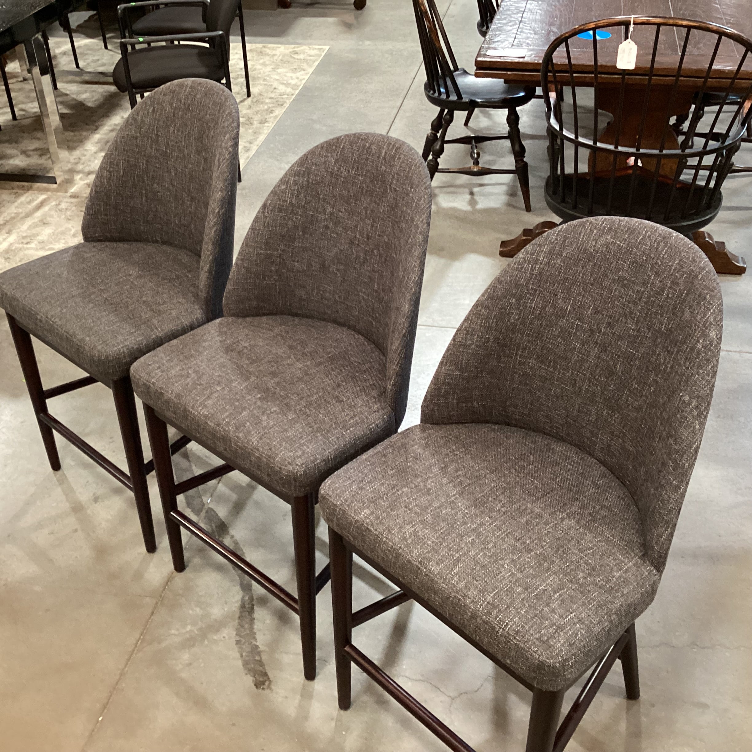 SET of 3 Crate & Barrel Ana Charcoal Woven & Espresso Finish Wood Counter Barstools 24"