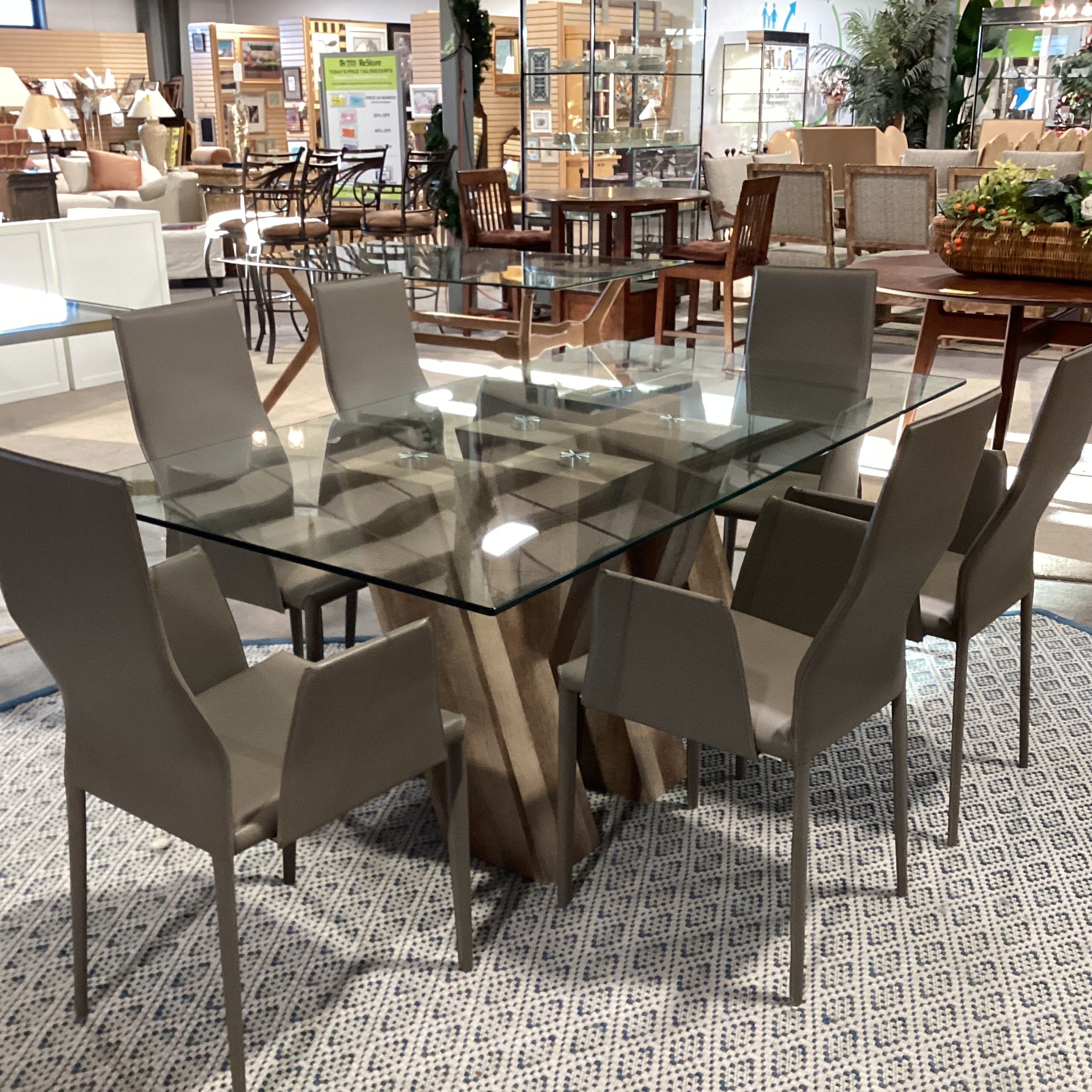 Modern Simulated Wood Grain Finish & Glass Table with 6 Taupe Regenerated Leather Wrapped Chair Dining Set 71"x 39"x 30"