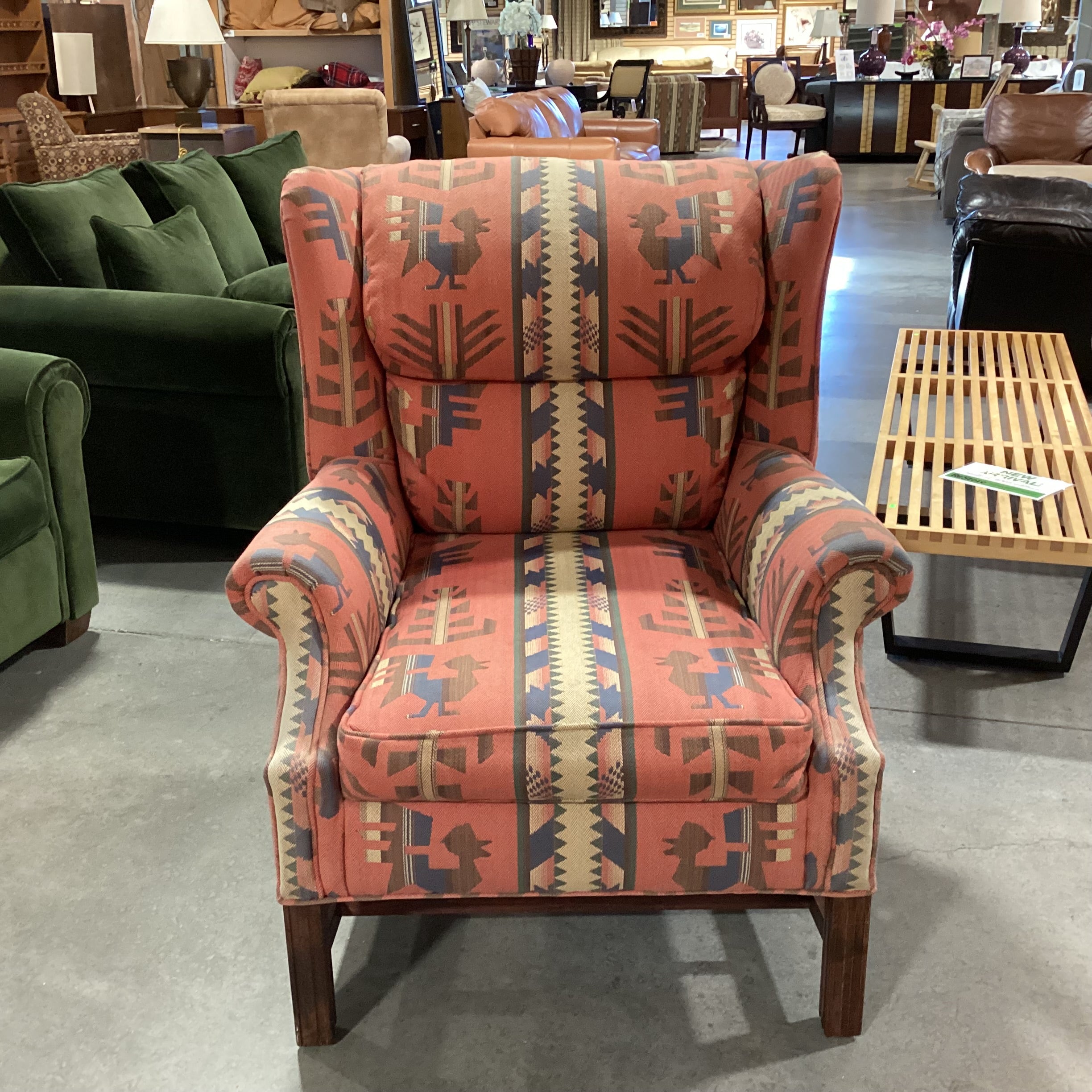 Red & Blue Southwest Woven & Wood Base Wing Chair 34"x 36"x 41"