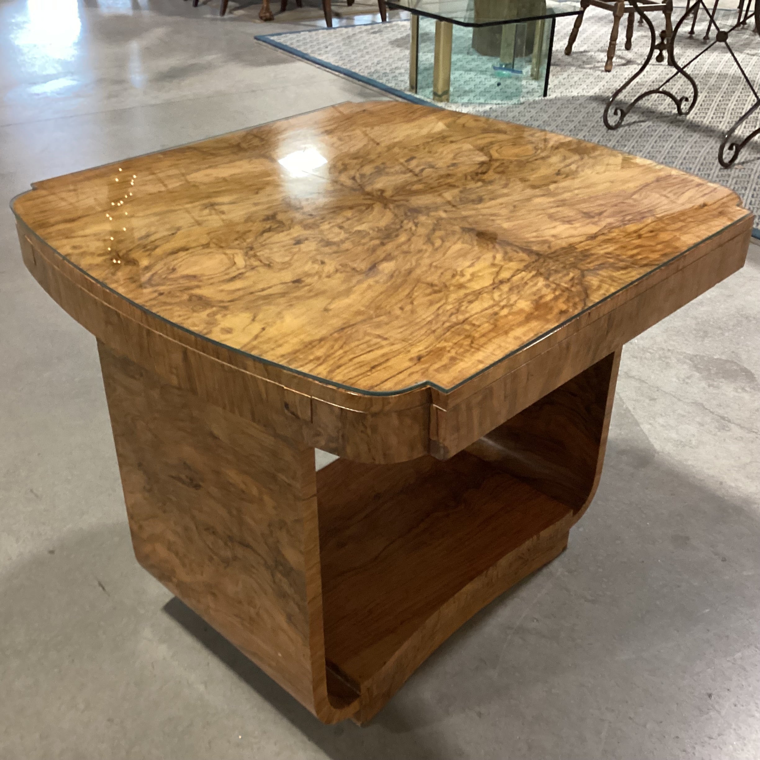 Vintage Art Deco Style Burl Maple Book Matched with Glass Top Accent Table 36"x 33"x 29.5"