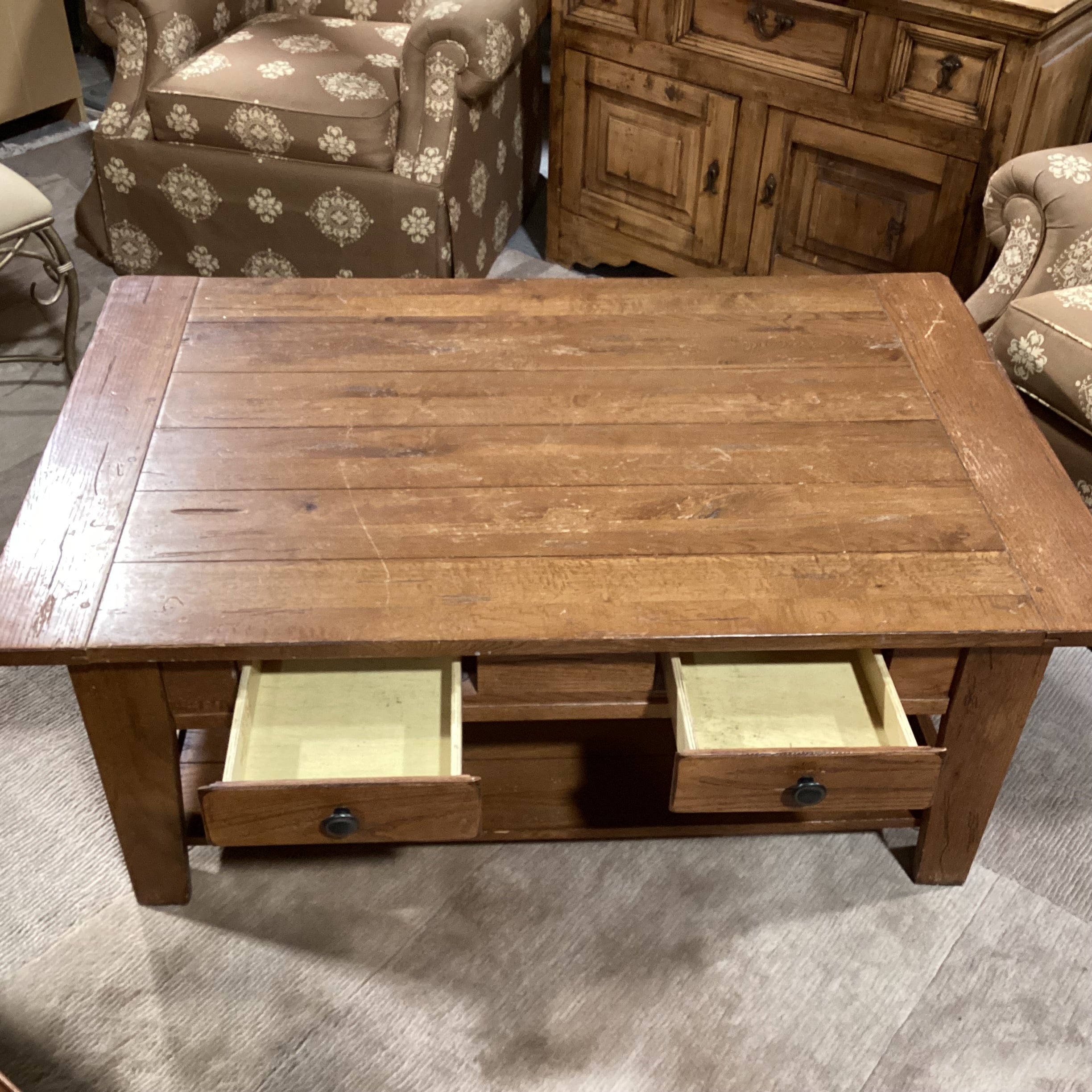 Attic Heirlooms by Broyhill Distressed Finish Wood 2 Drawer with Bottom Shelf Coffee Table 50"x 32"x 19.5"