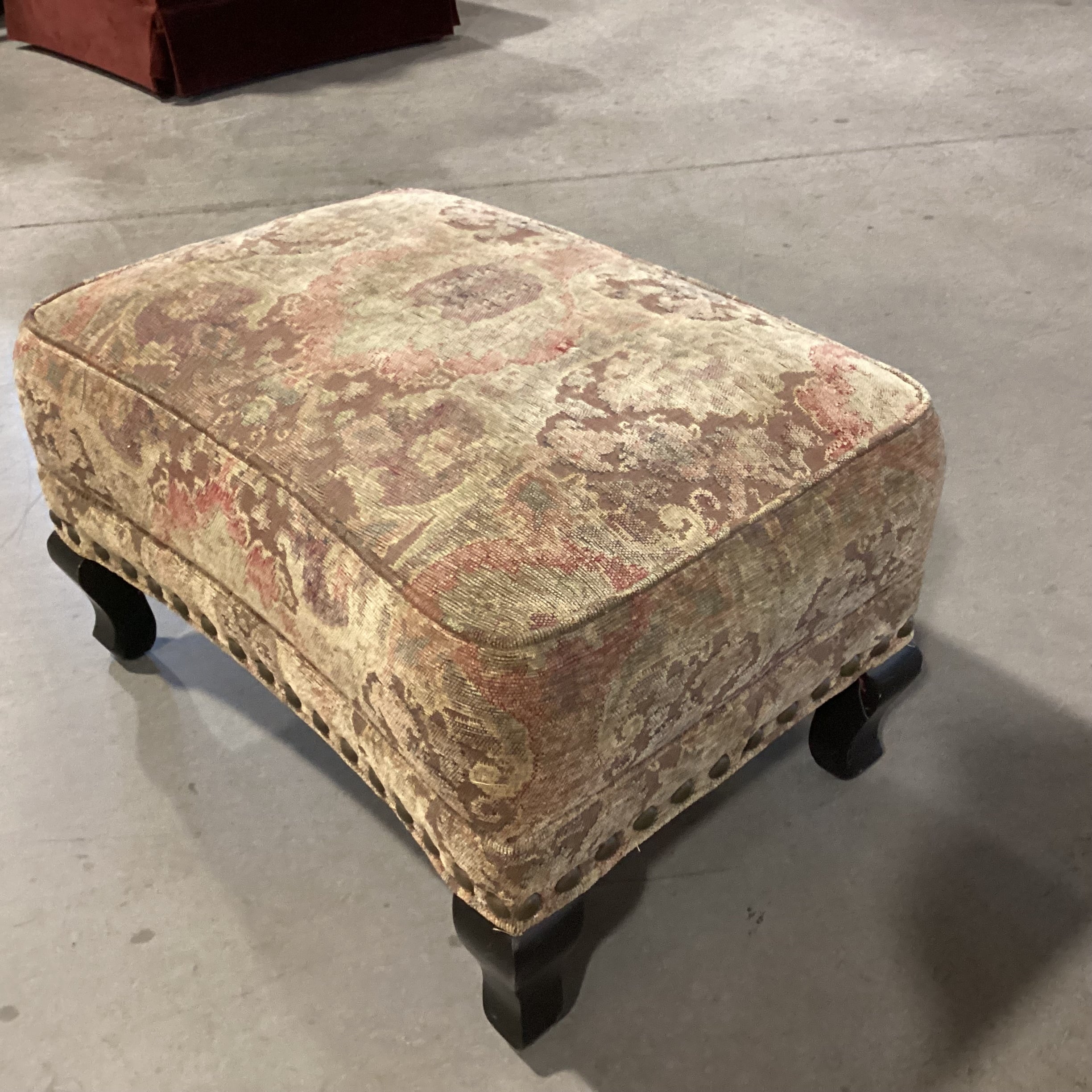 Arhaus Brown & Sage Chenille Woven with Nailhead Ottoman 28"x 20"x 15"