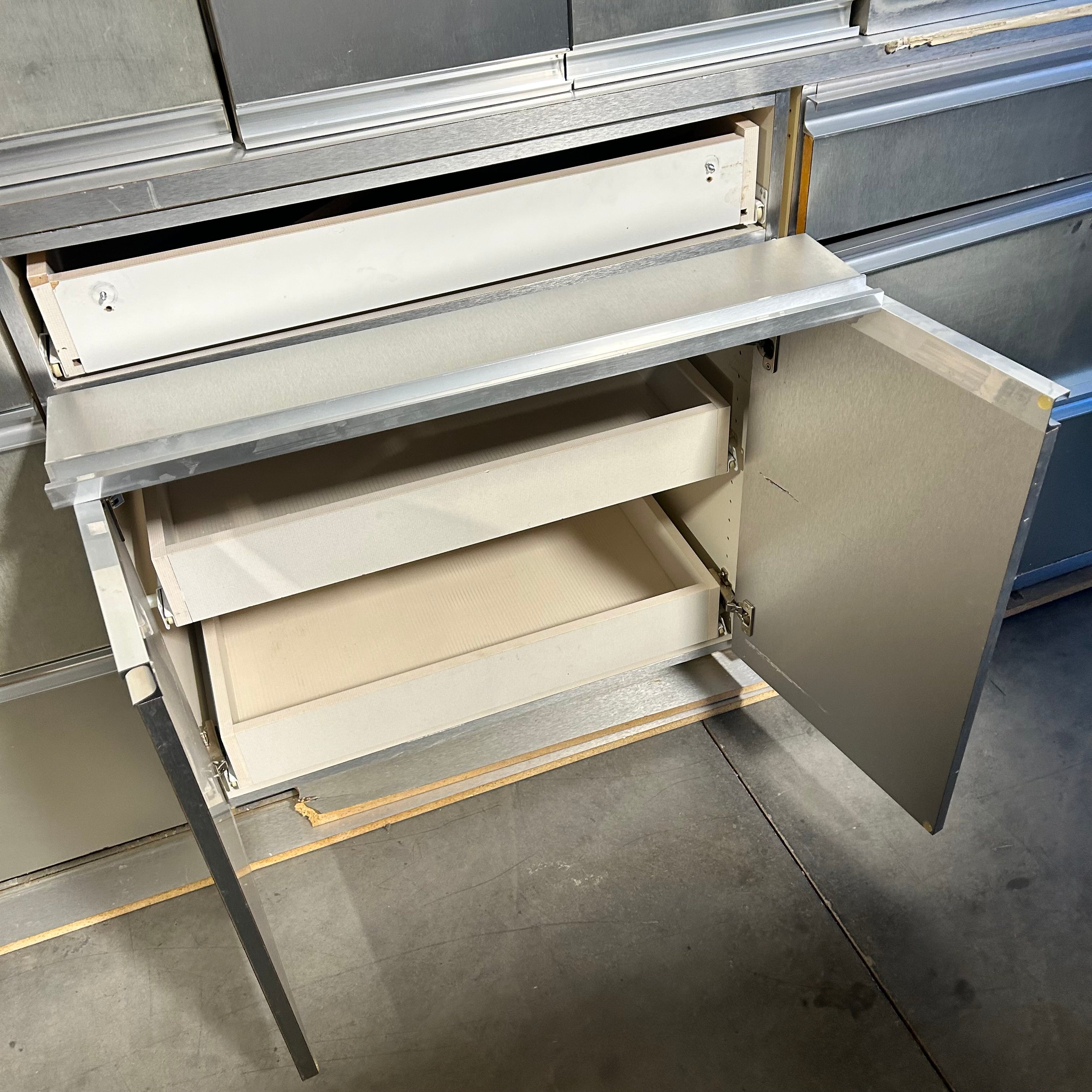 Stainless Metal Vaneer Cabinet Set with Metal Hardware 12 Bottoms / 7 Uppers / 2 Standing Pantry Cabinets