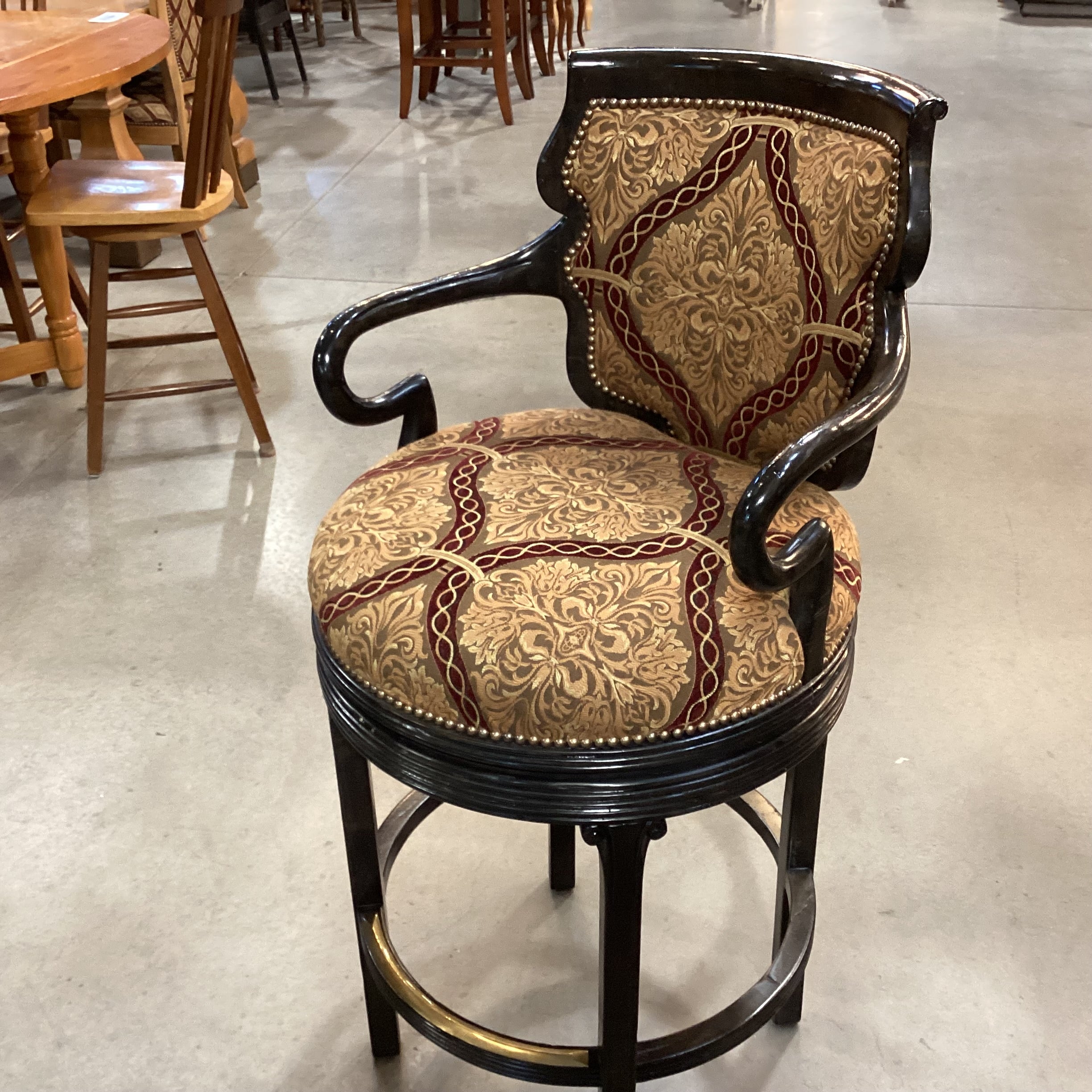 Ferguson Copeland Dark Distressed Carved Wood with Gold & Claret Upholstered Nailhead Swivel Barstool 31"