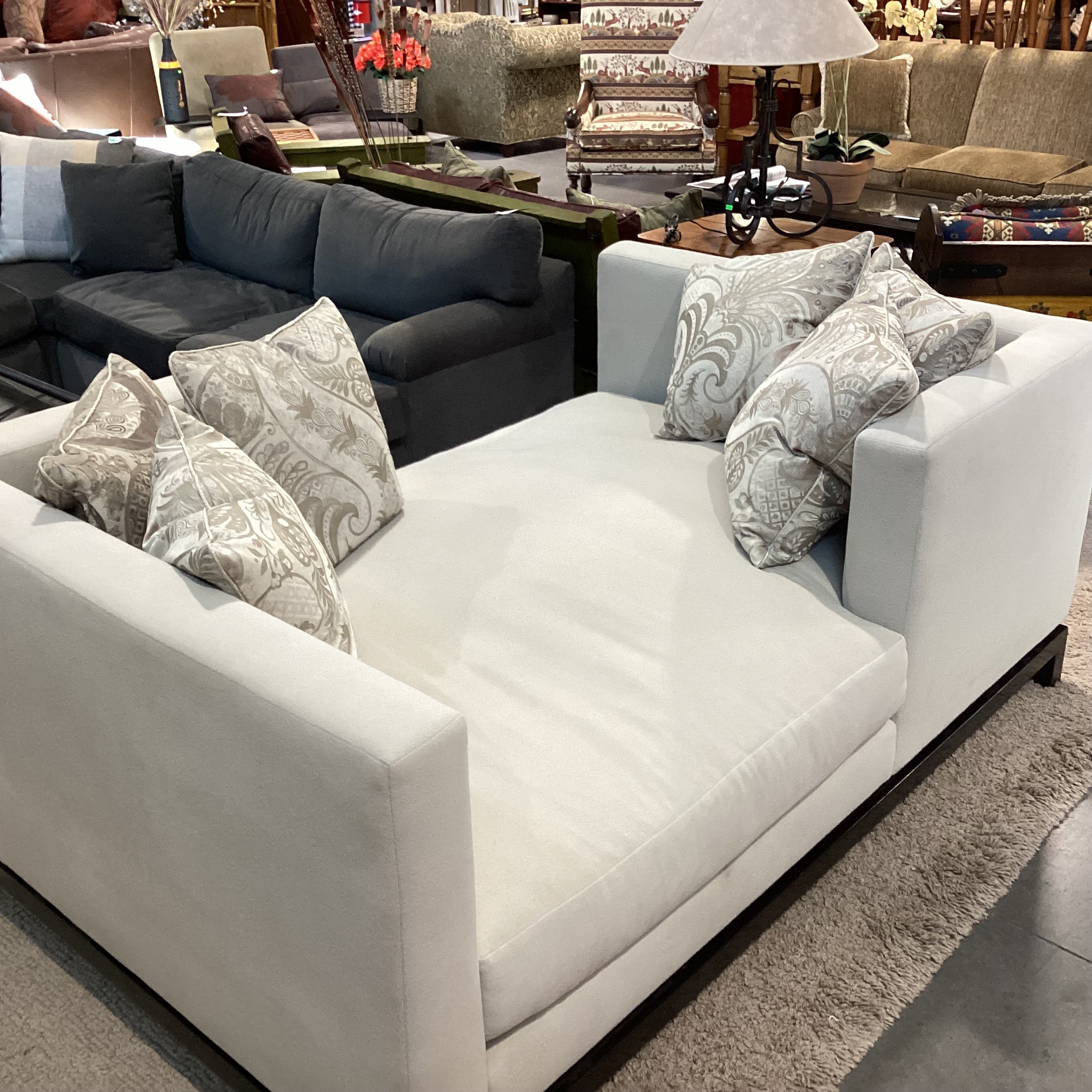 JJ Custom Dove Grey Wool Down Mix with Metallic Taupe &Ivory Accent Pillows Modern Chaise Sofa 76"x 48"x 33"