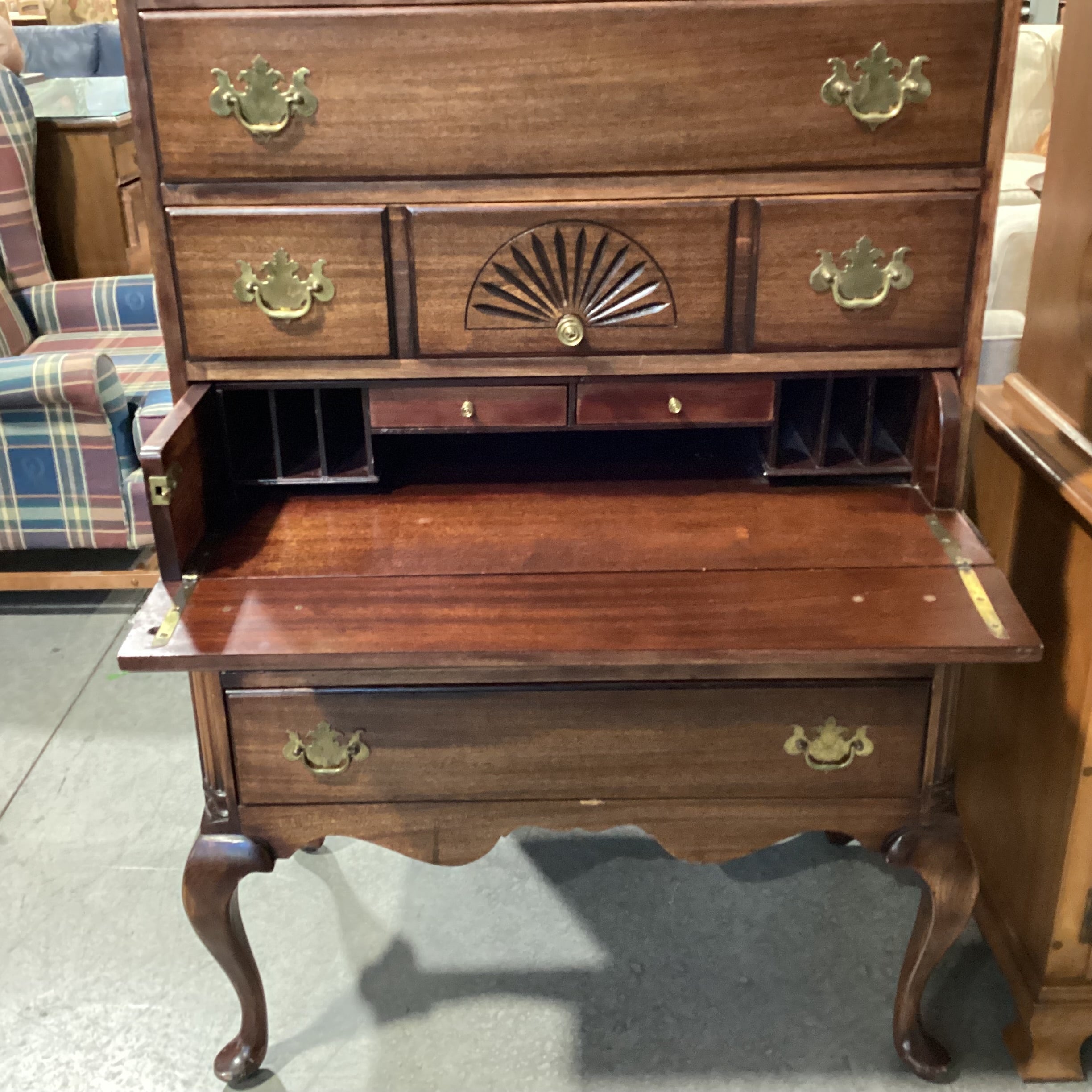 Vintage Antique Maddox Red Ribbon Mahogany 5 Drawer with Secretary Desk Pullout Chest Dresser 36"x 21"x 58"