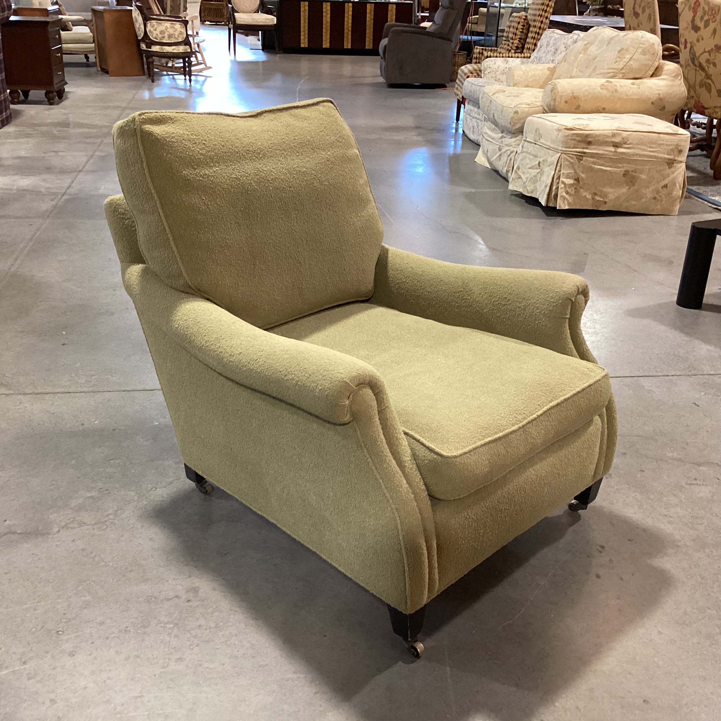 Reed Green Boucle Down Mix on Casters Chair 33"x 40"x 27"