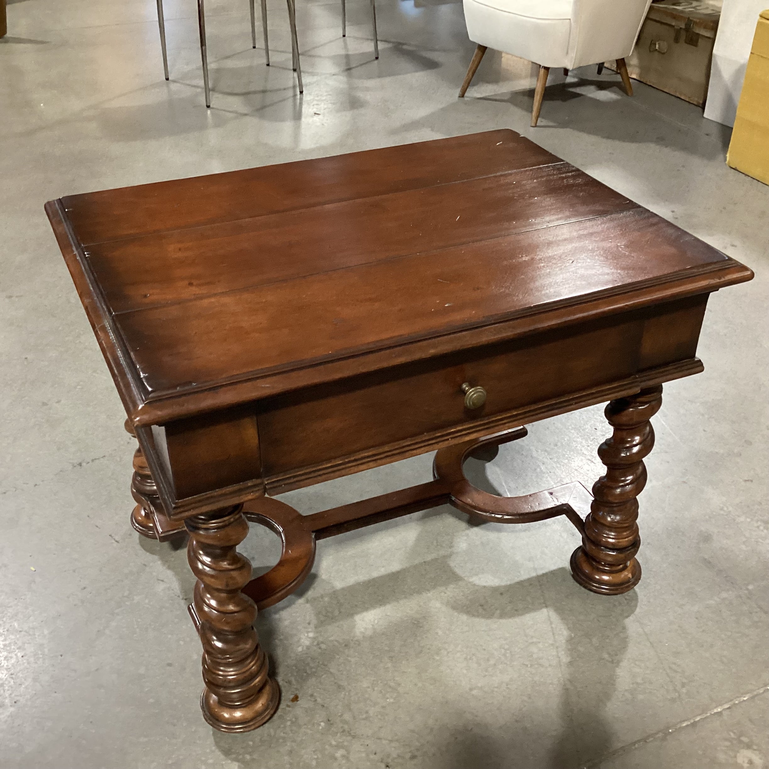 Ornate Carved Finished Solid Wood 1 Drawer Side Pullouts Trestle Base End Table 32"x 24"x 25"