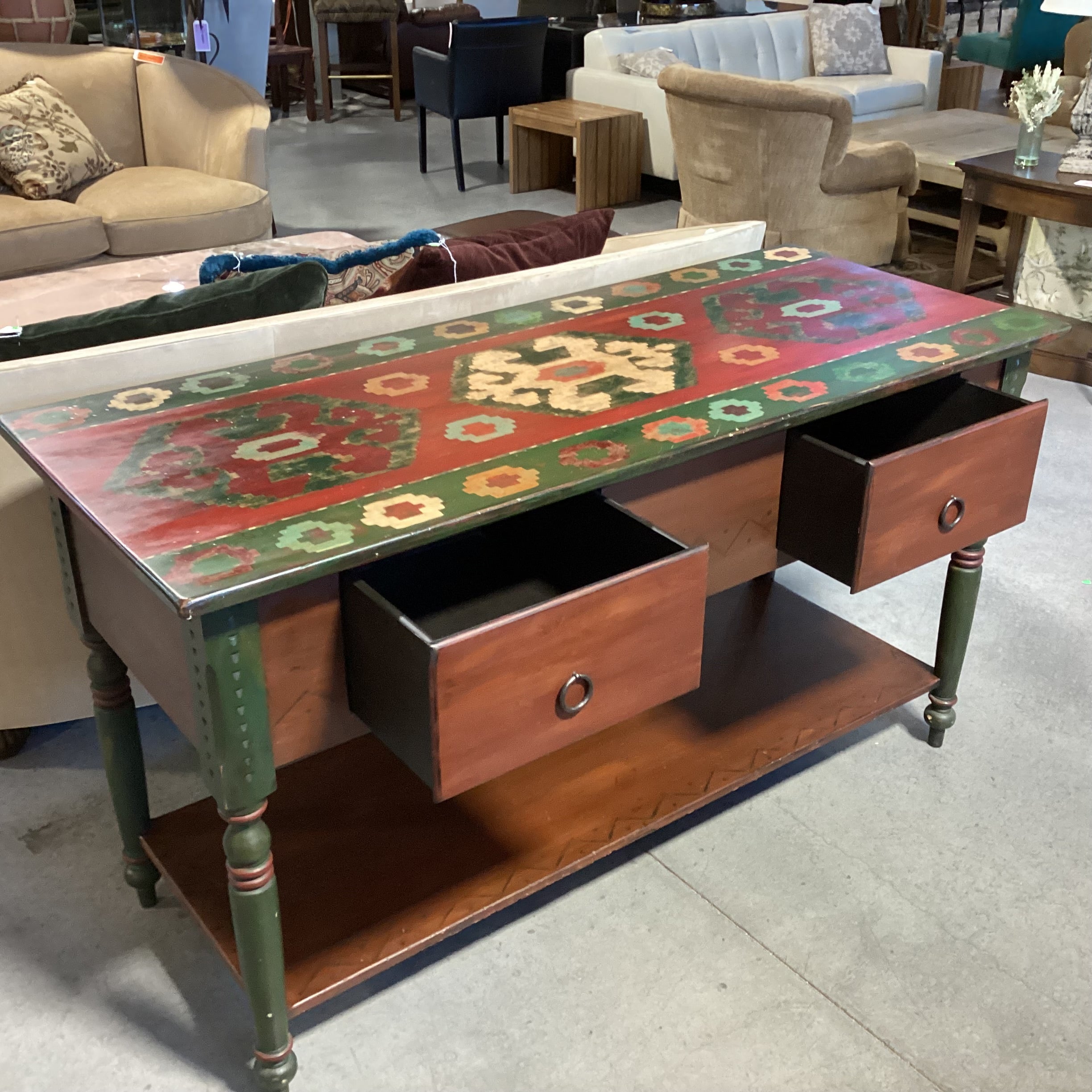 Red & Green Southwest Hand Painted Carved Wood 2 Drawer & Bottom Shelf Console 65"x 27"x 36"