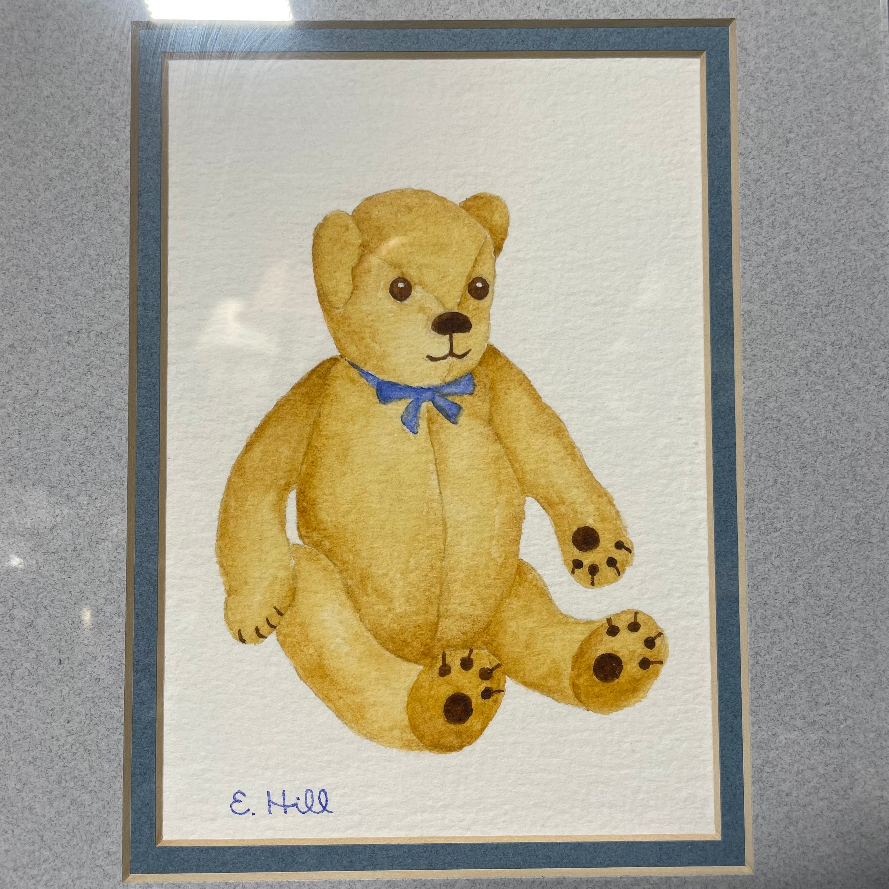 E. Hill Signed Original "Teddy" Bear Watercolor In A Silver Frame 8 1/4" x 10 1/4"