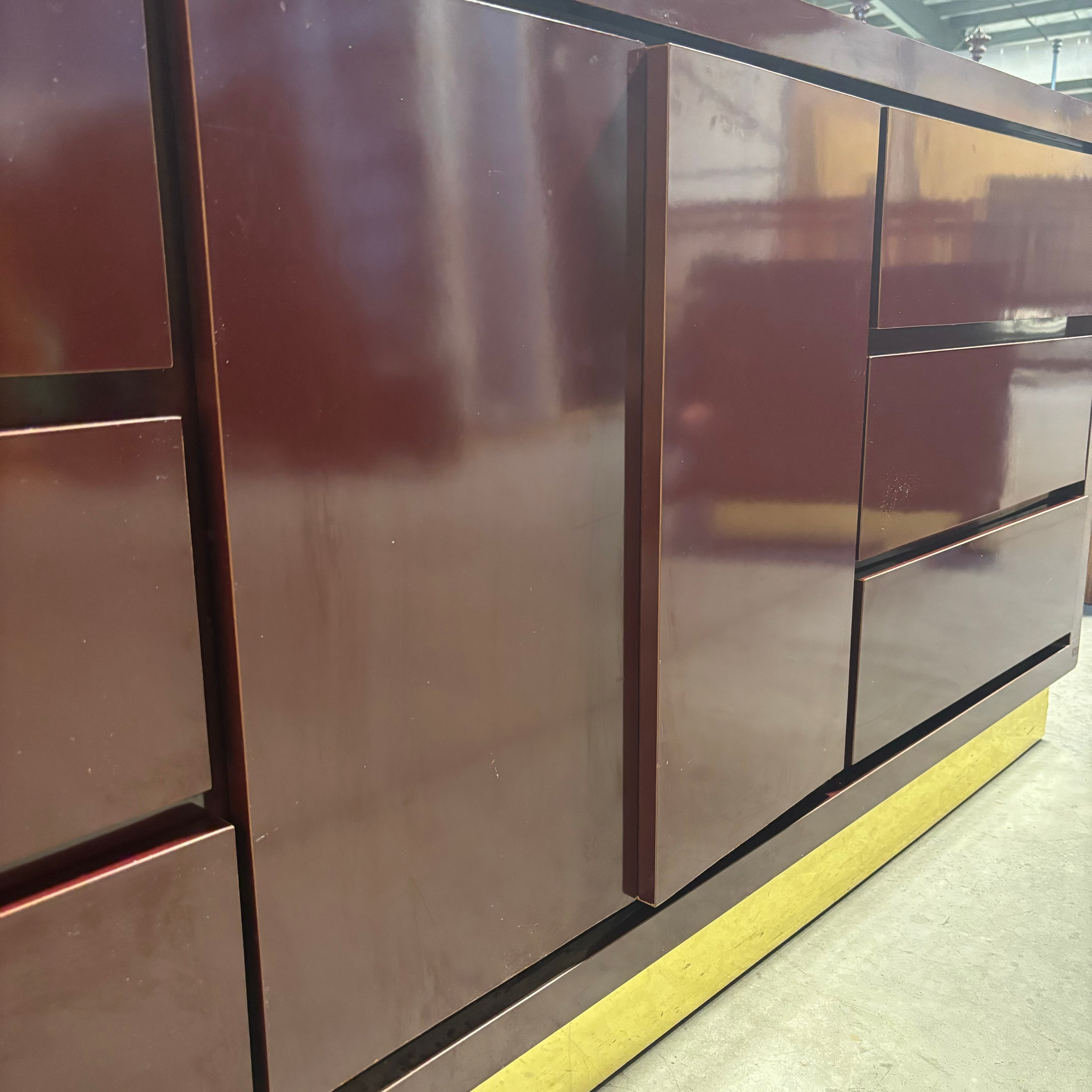 Maroon Lacquer Finish & Brass Finish Base 6 Drawer 2 Door with Mirror Dresser 71"x 20"x 76"