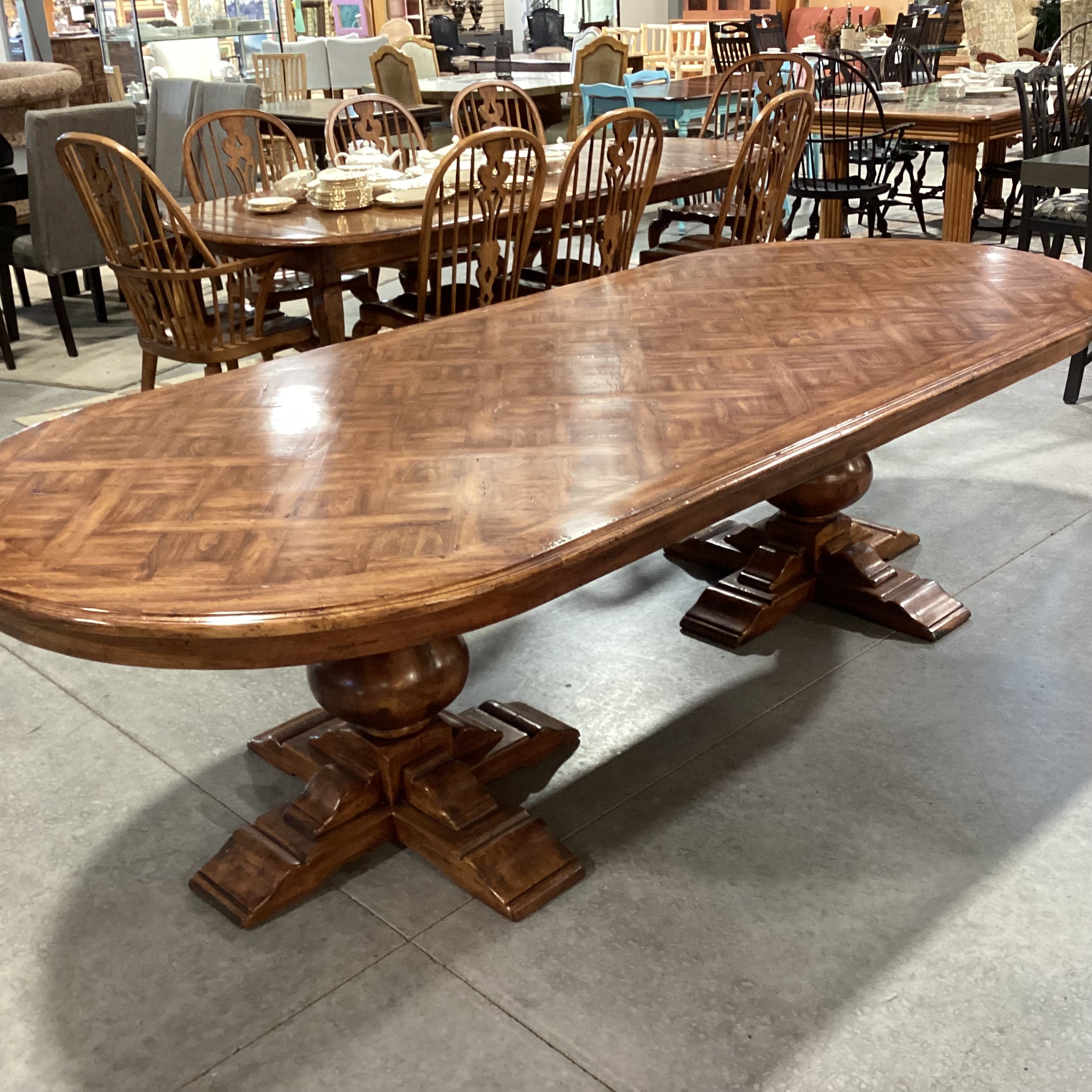 Oval Lattice Inlay with Double Pedestal Dining Table 108"x 46"x 30"