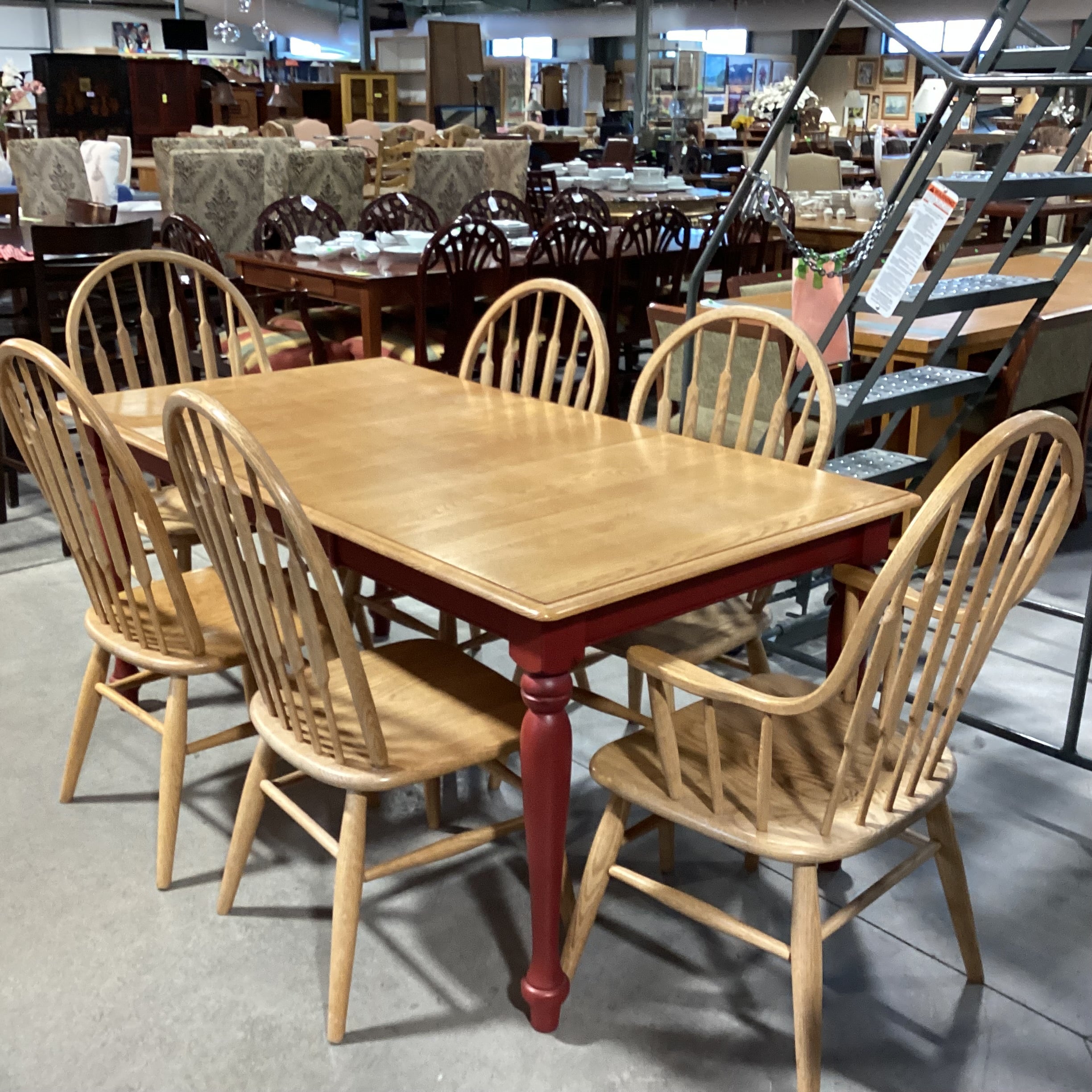 Country Oak & Red Legs 1 Leaf Table with 6 Oak Chairs Dining Set 66.5"x 36.5"x 30"