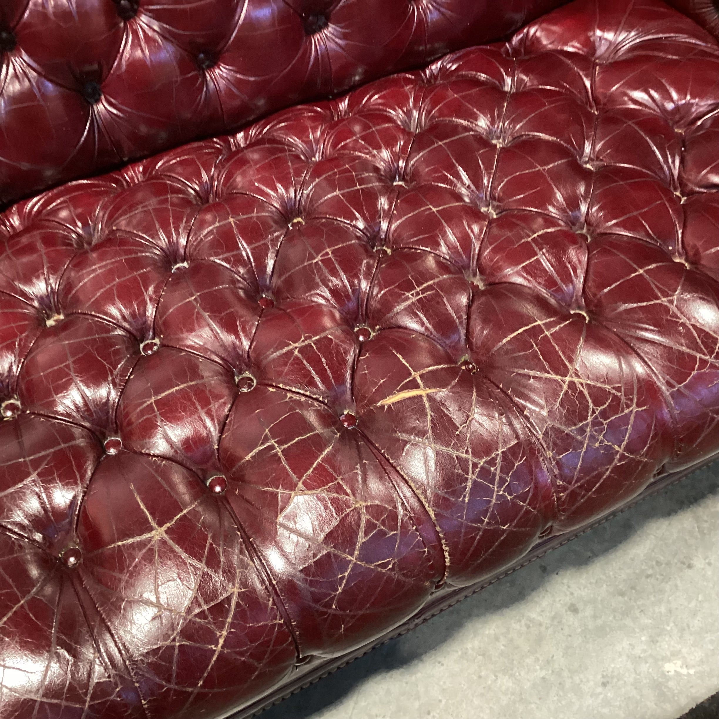 Vintage Burgundy Tufted Leather Nail Head on Casters Chesterfield Loveseat Sofa 69"x 36"x 28"