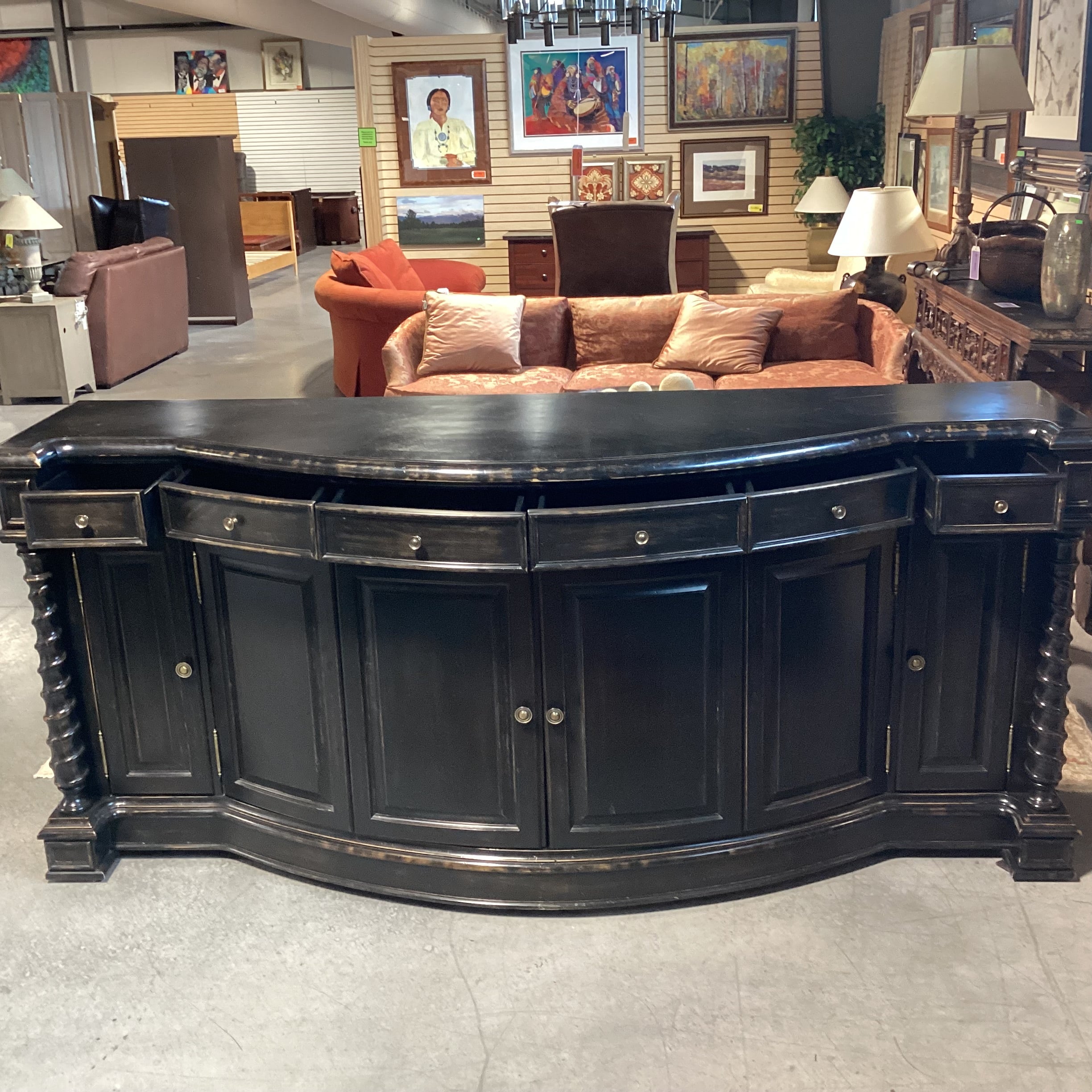 Antiqued Black Distressed Carved Wood 4 Door 6 Drawer Sideboard 96.5"x 27.5"x 42.5"