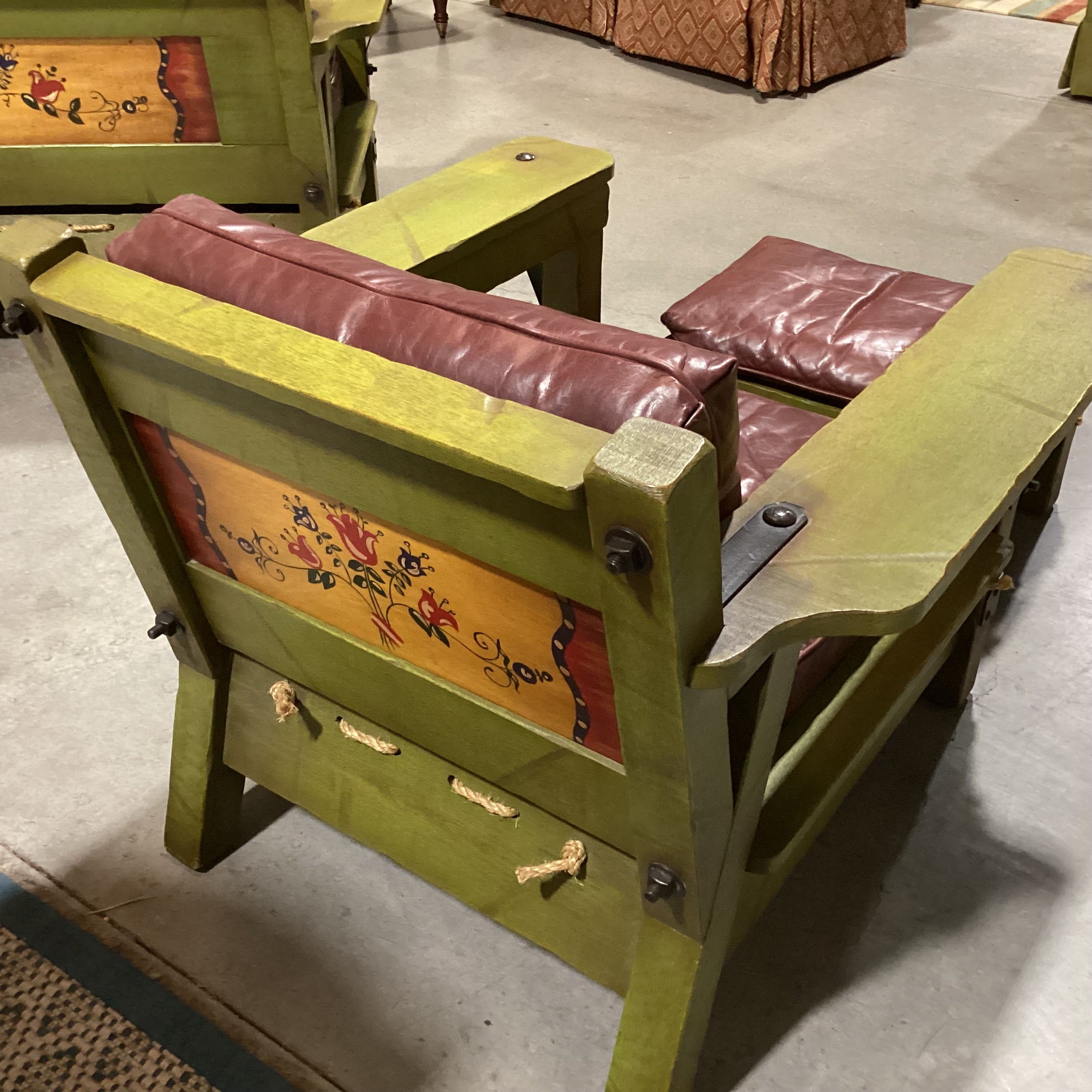 Art in Fine Forms Custom Spanish Green Alder Iron & Rope Leather Cushions with Ottoman Chair 35"x 36" 31"