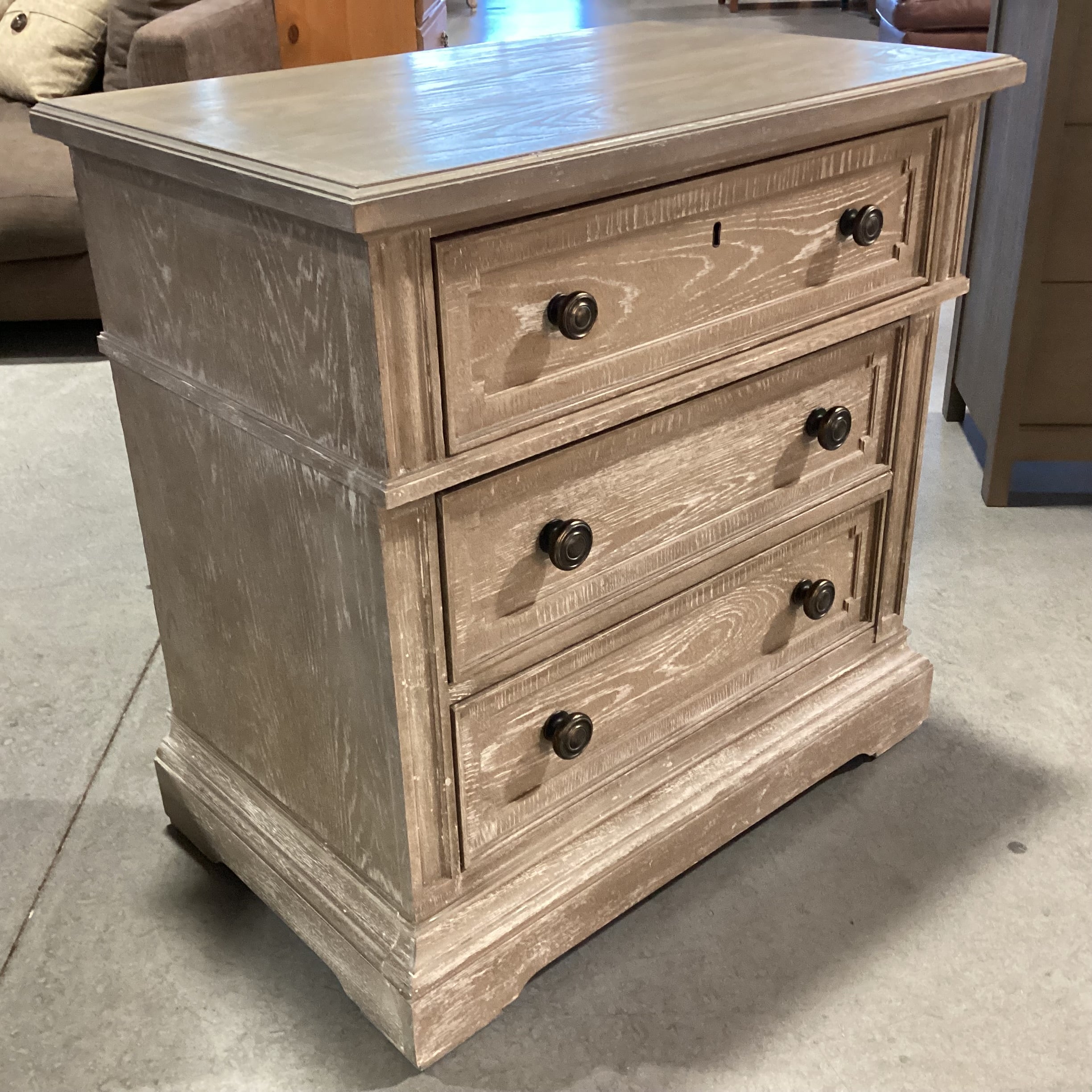 Stanley Furniture Wethersfeld Grey Washed Wood with Carved Detail 3 Drawer Nightstand 29.5"x 19"x 30"