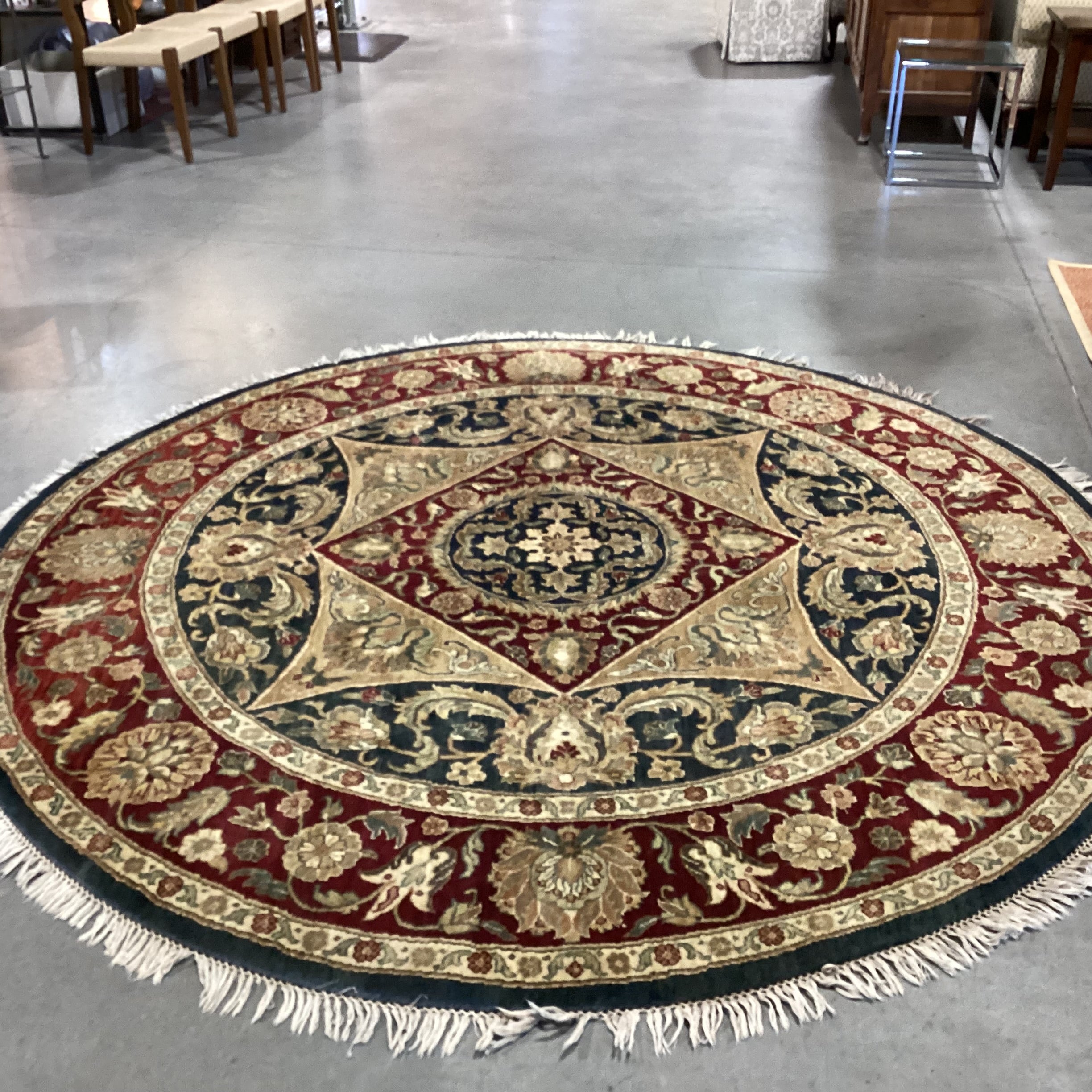 Red Blue Gold Round Hand Woven Wool Rug 8'3" Diameter
