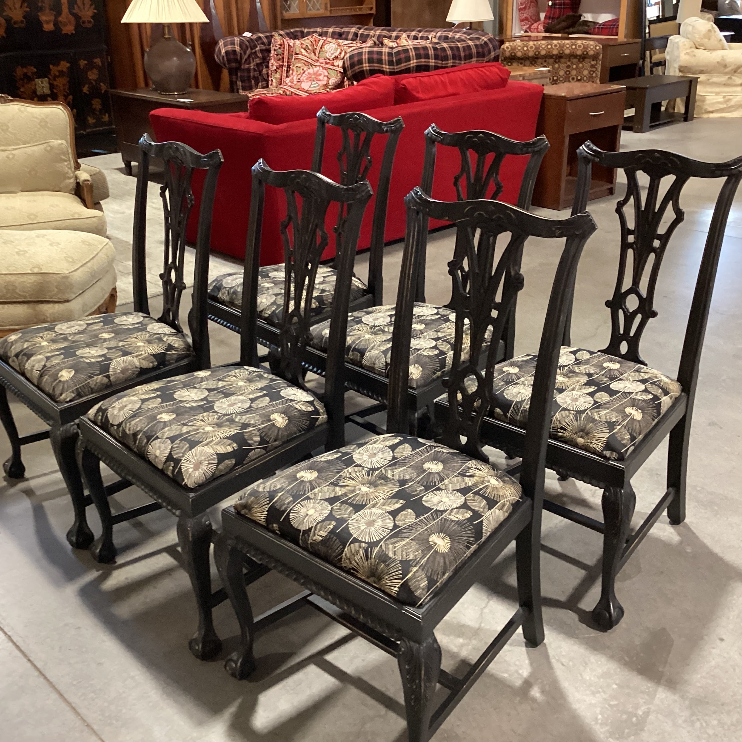 SET of 6 Ornate Carved Black Claw & Ball Wood Black Tan White Dandelion Dining Chairs 23"x 22"x 40"