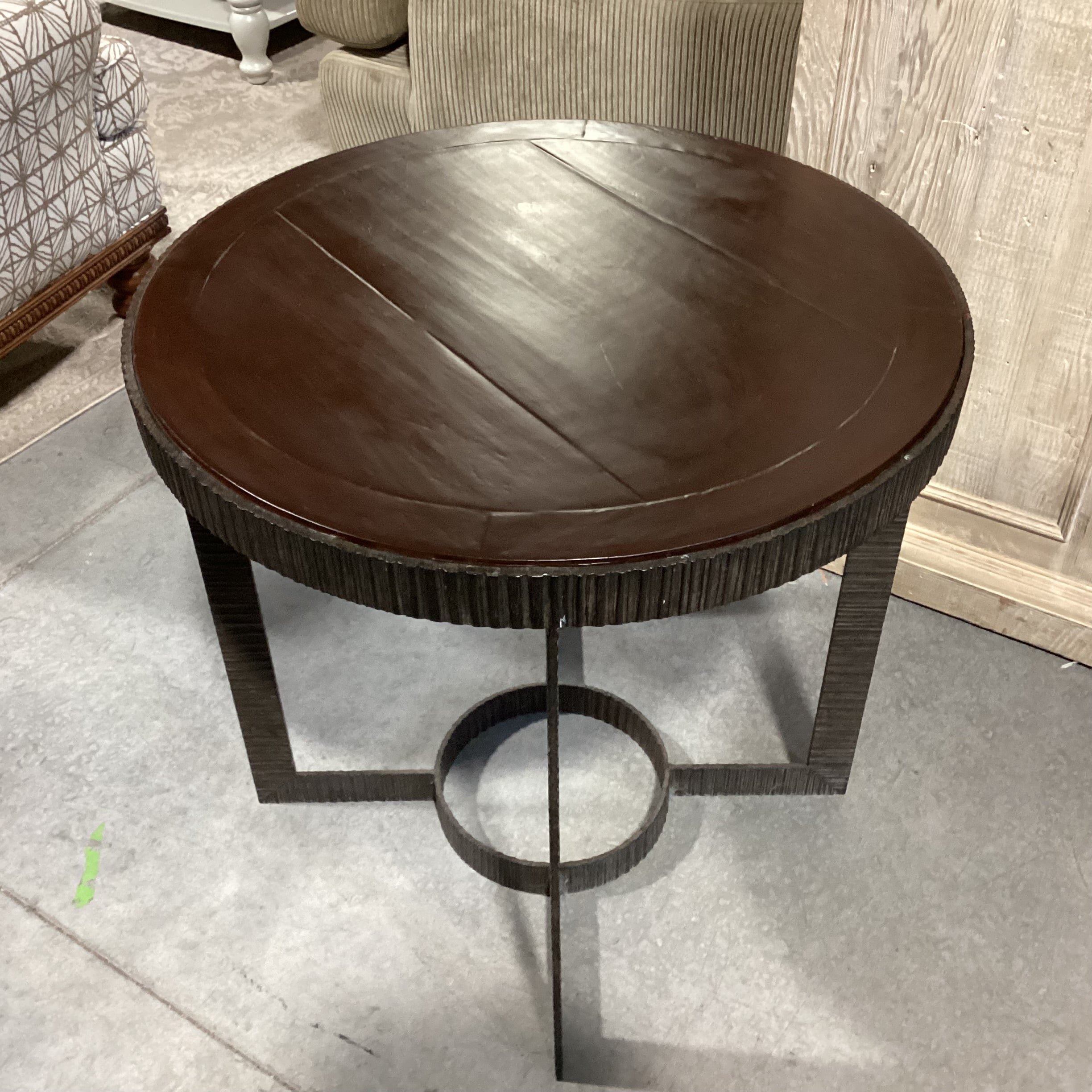 Round Wood & Texture Ribbed Iron Accent Table 28" Diameter x 28"