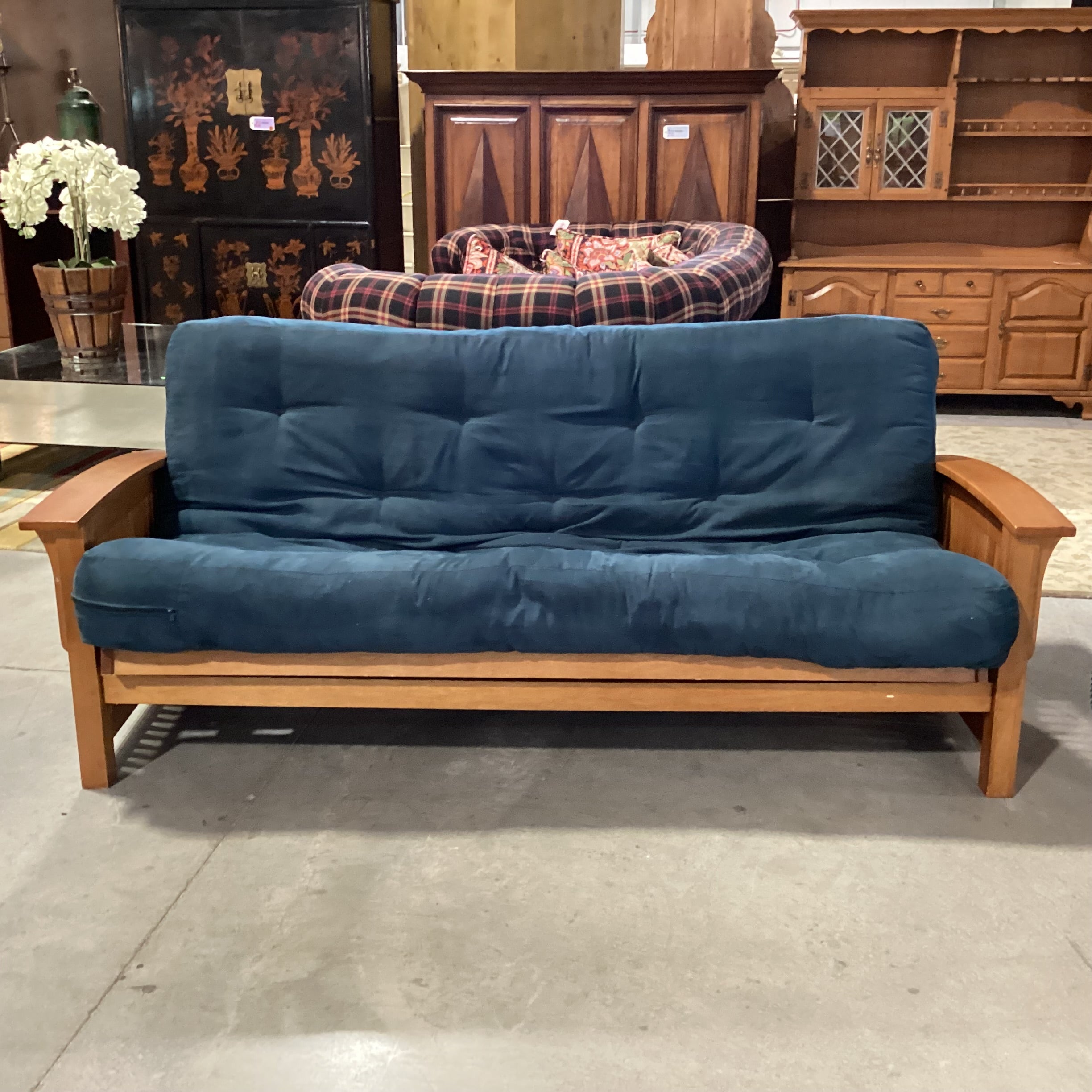 Wood Frame & Blue Micro Suede Cushion Futon Sofa 83"x 41" to 55"x 35"