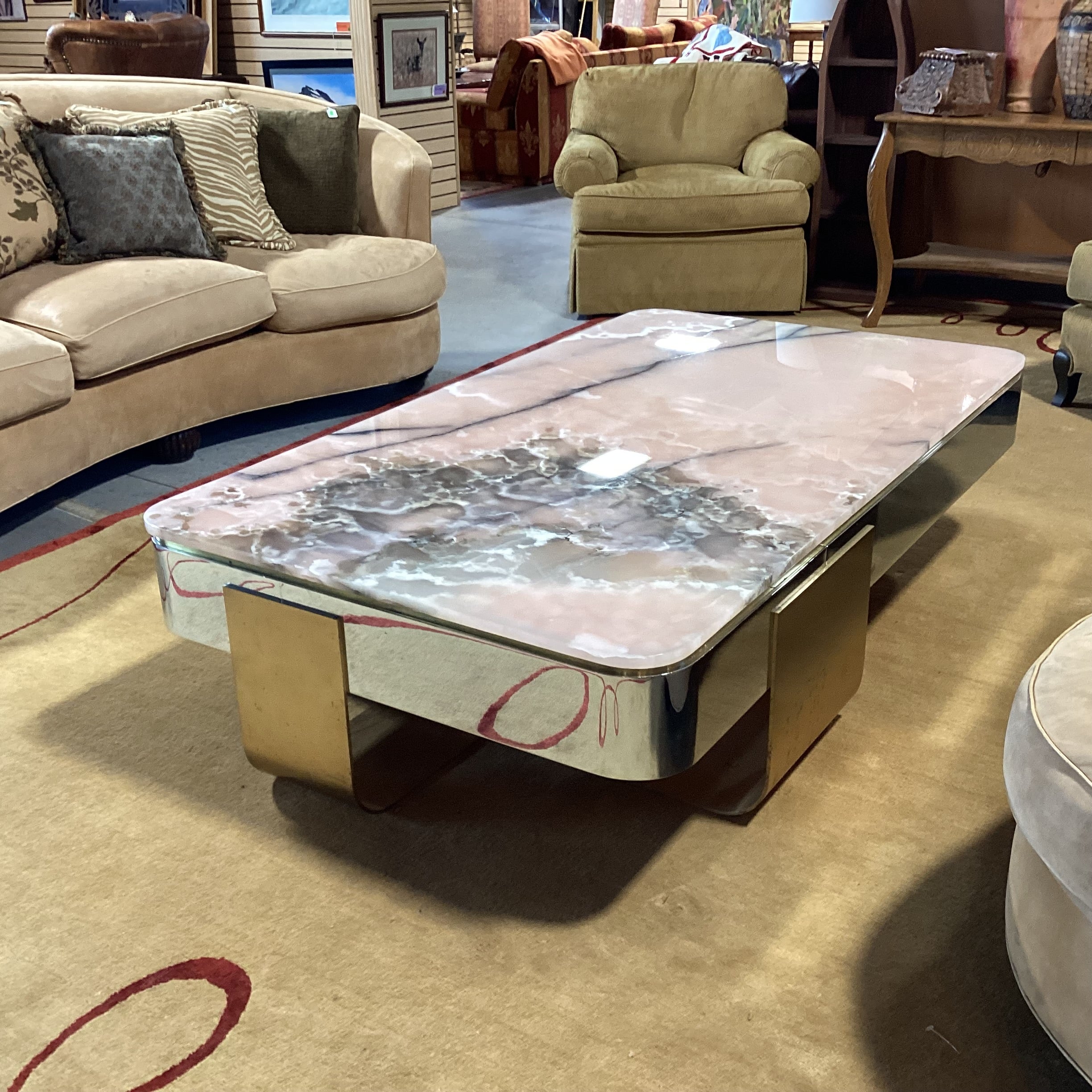 Lorin Marsh Ltd Kimono Pink Onyx Nickel Plate & Brass Custom Coffee Table 66"x 38"x 17"