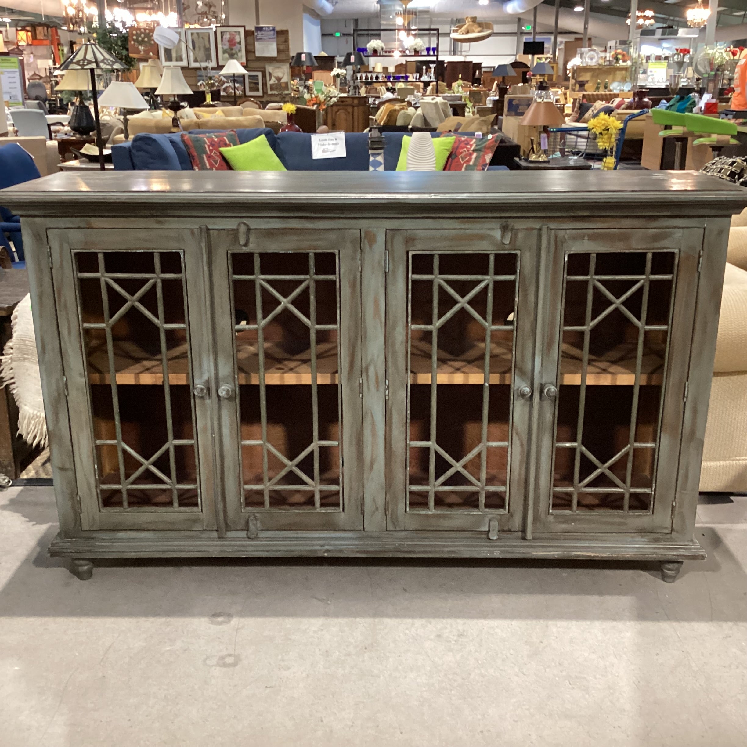Green Washed Wood & Metal 4 Door with Shelves Console Credenza 71"x 18"x 42.5"