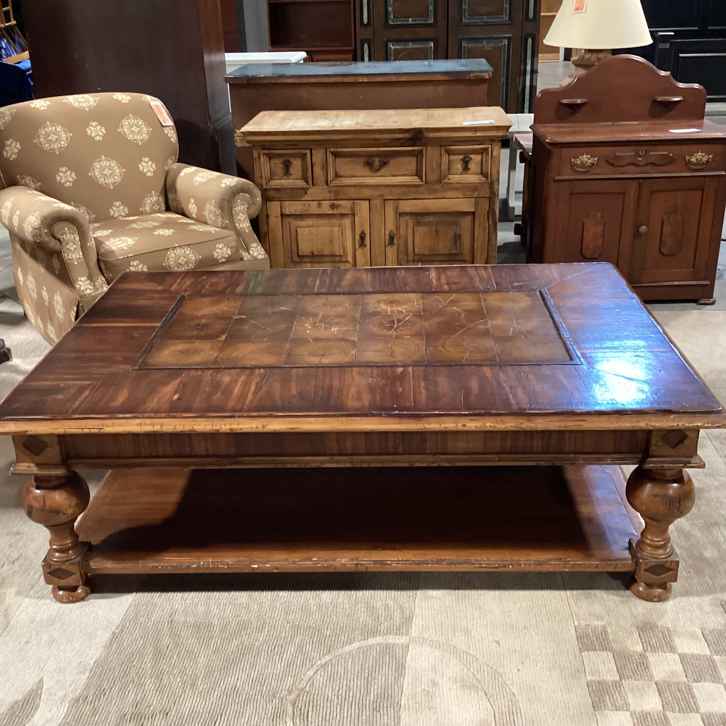 Solid Carved Distressed Wood with Center Block Style & Bottom Shelf Coffee Table 61"x 41"x 20"