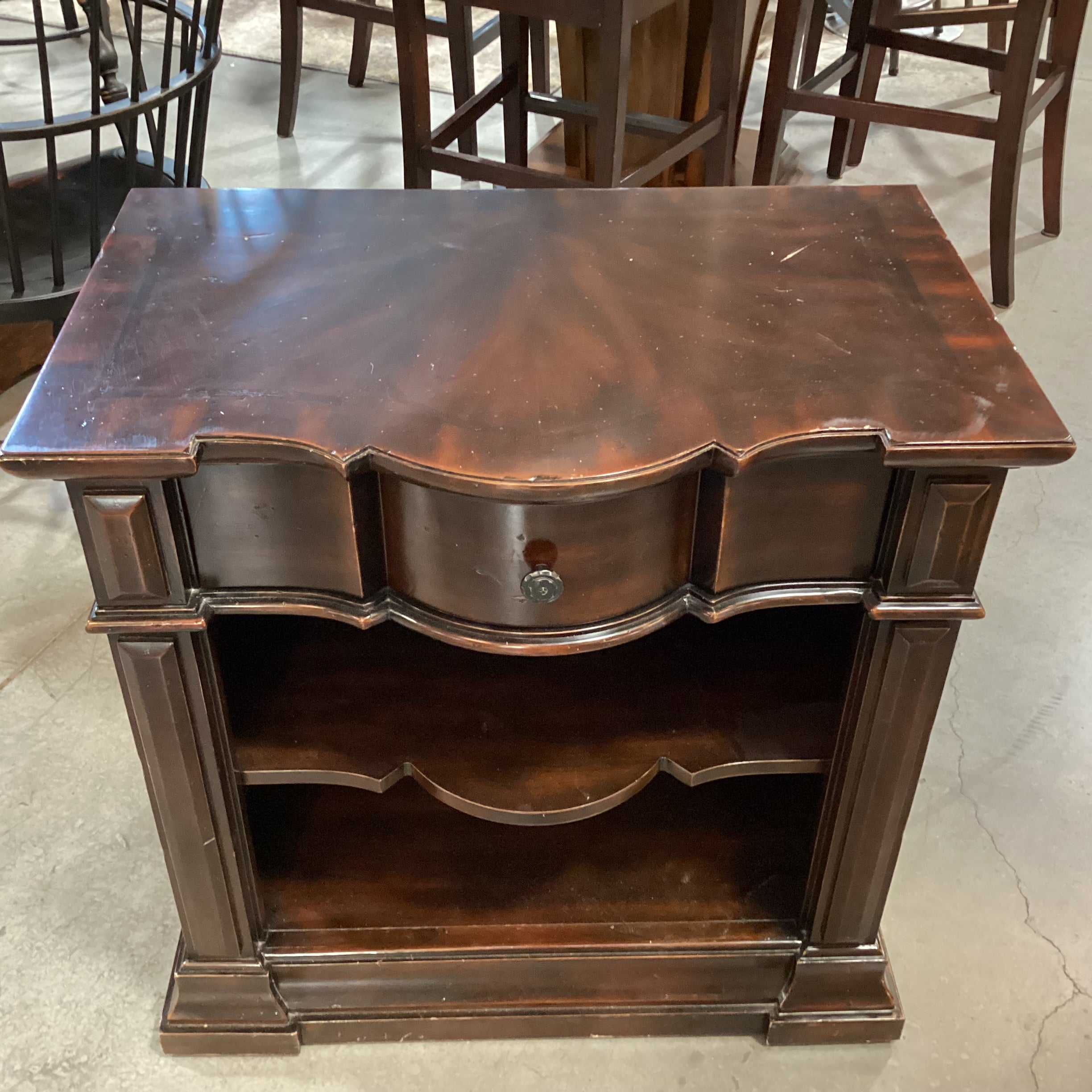 Artistica Dark Finish Serpentine Shape Carved Wood 1 Drawer with Shelves Nightstand 30"x 19"x 30"