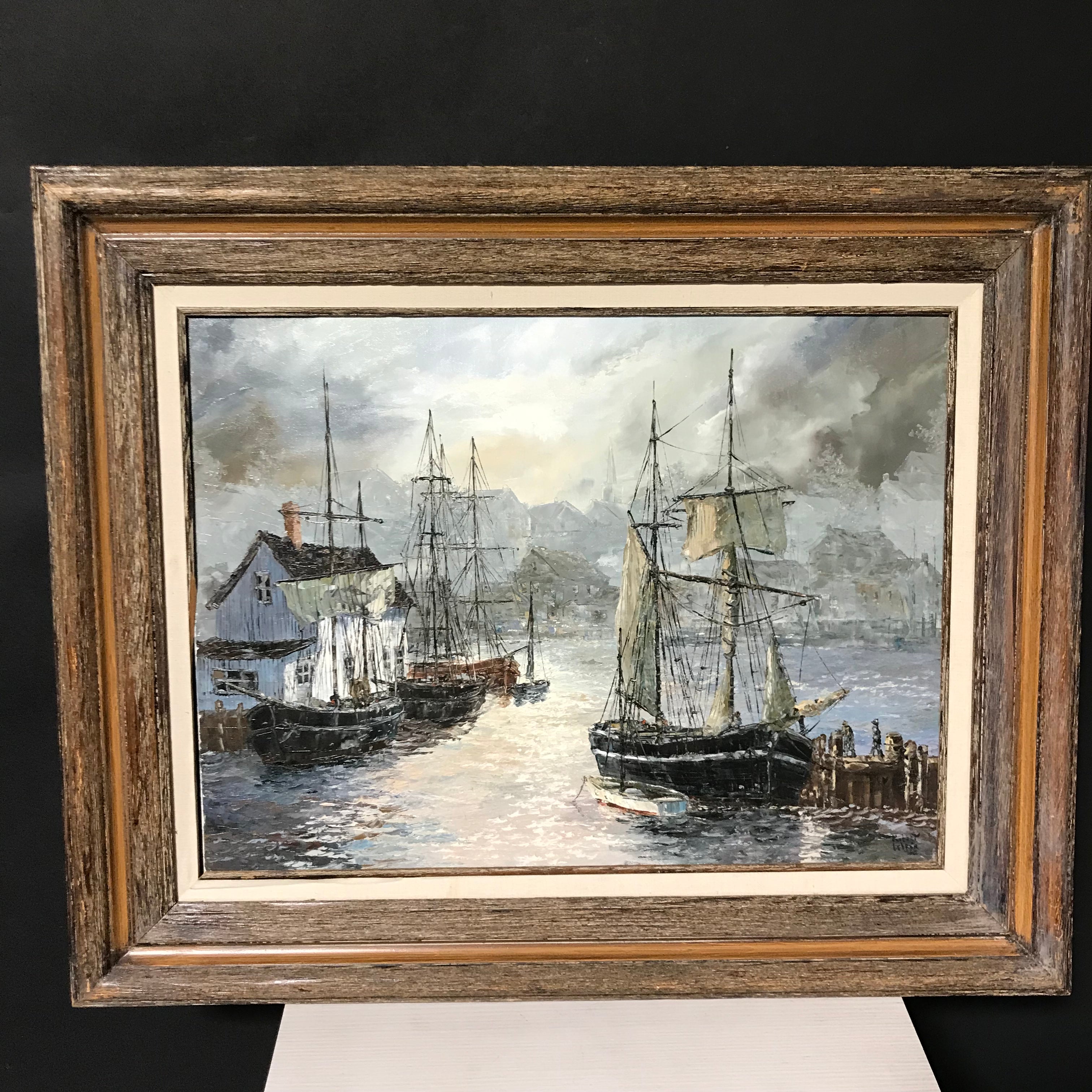 Robert Lebron Original Oil Painting Marina Scene Signed and Framed Wall Decor 32"x 26"