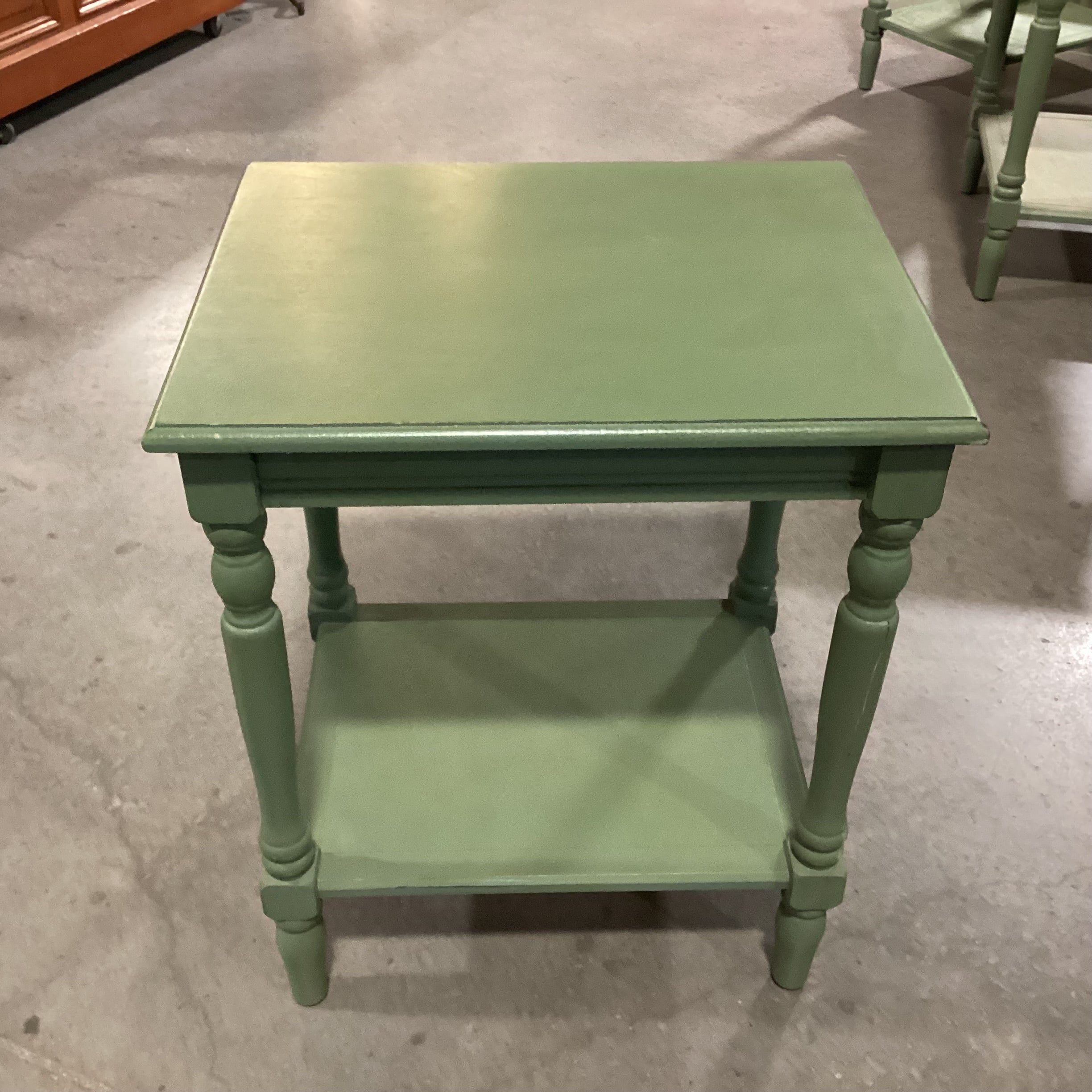 Green Painted Carved Wood 2 Tiered End Table  20"x 16"x 24.5"