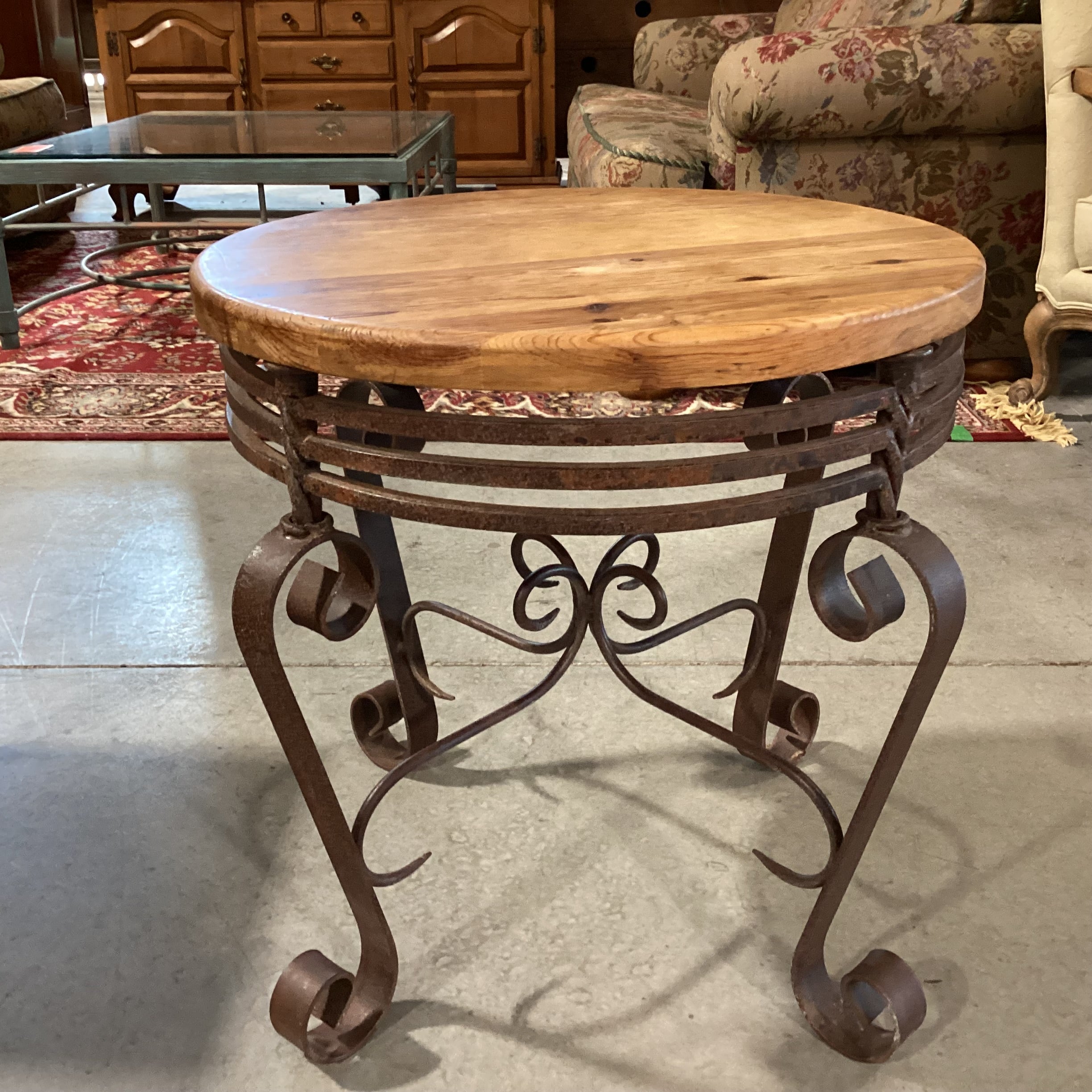 Rustic Wrought Iron & Wood Round End Table 24" Diameter x 22"