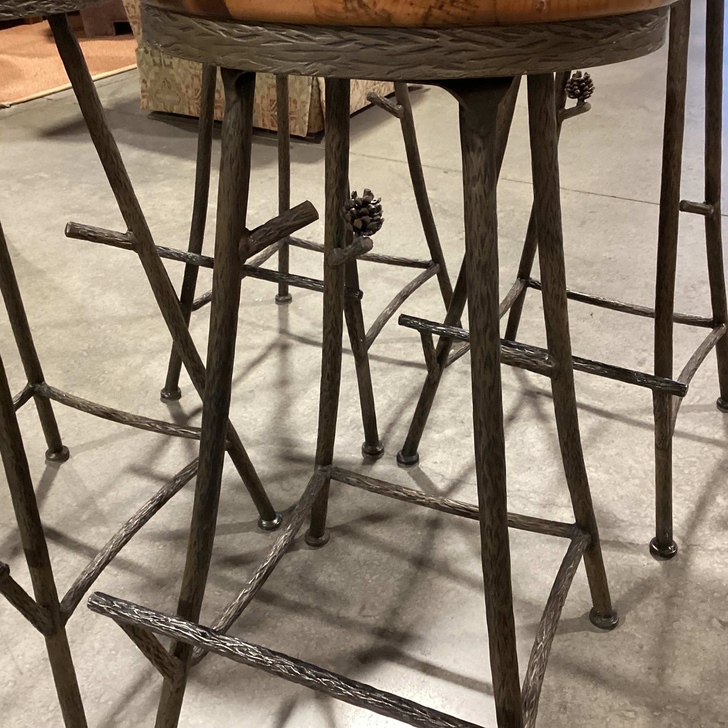 SET of 4 Pinecone & Branch Iron Solid Wood Swivel Seat Barstools 31"
