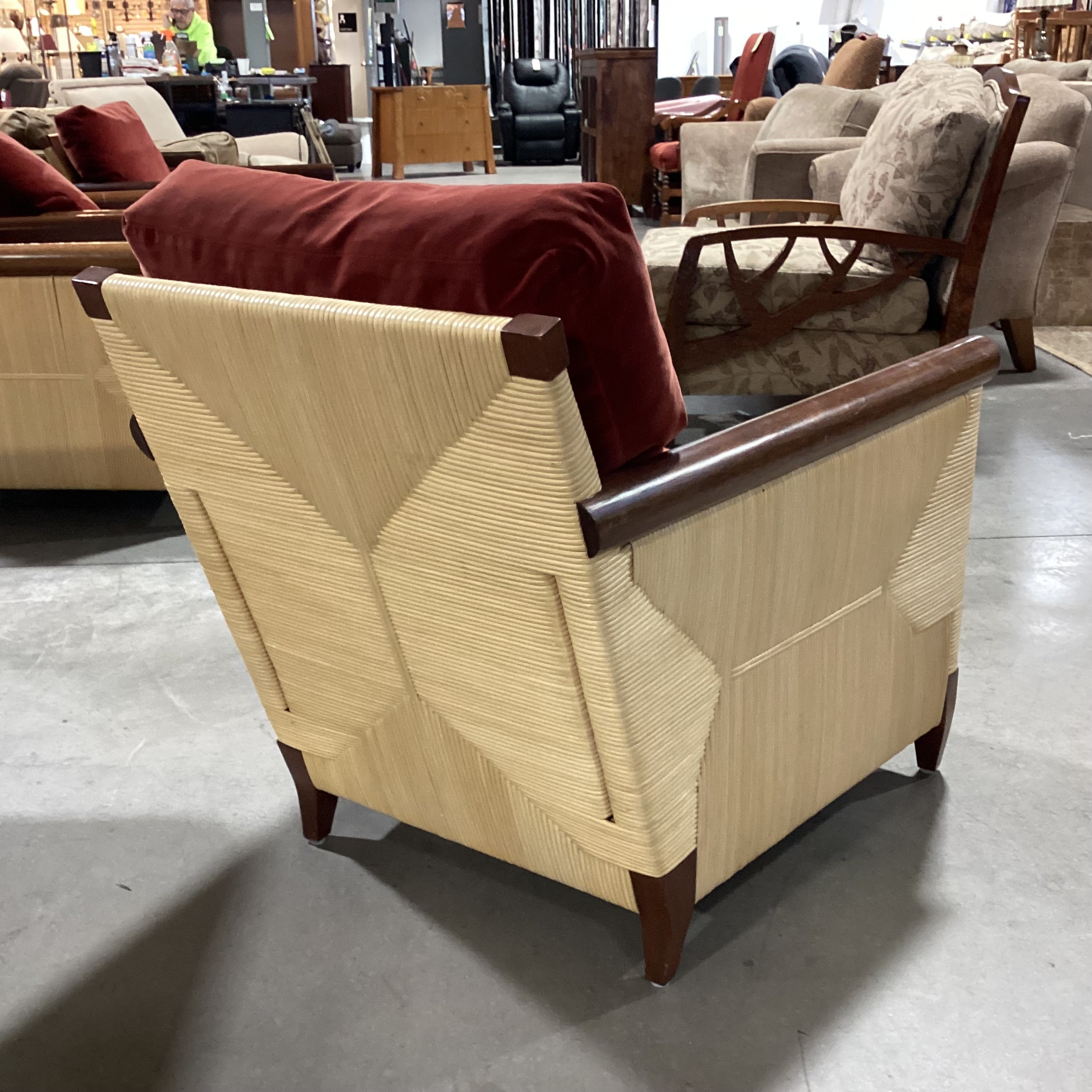 John Hutton For Donghia Merbau Collection Mahogany & Rattan with Rust Velvet & Down Cushions Chair 30"x 35"x 32"