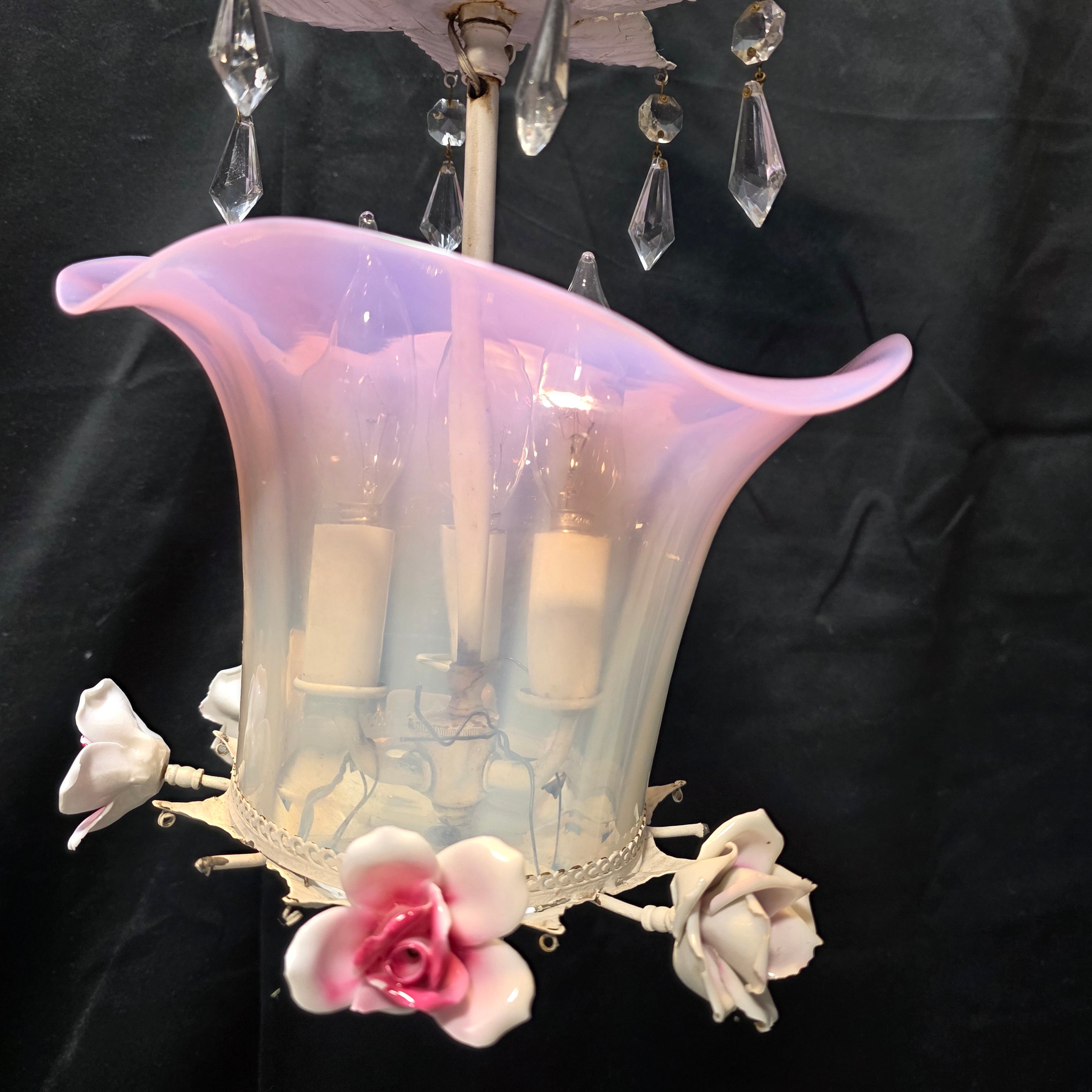 Vintage Burmese Pink Fenton Glass Rose Three Light Rose Chandelier with Crystals 10"Dx24"