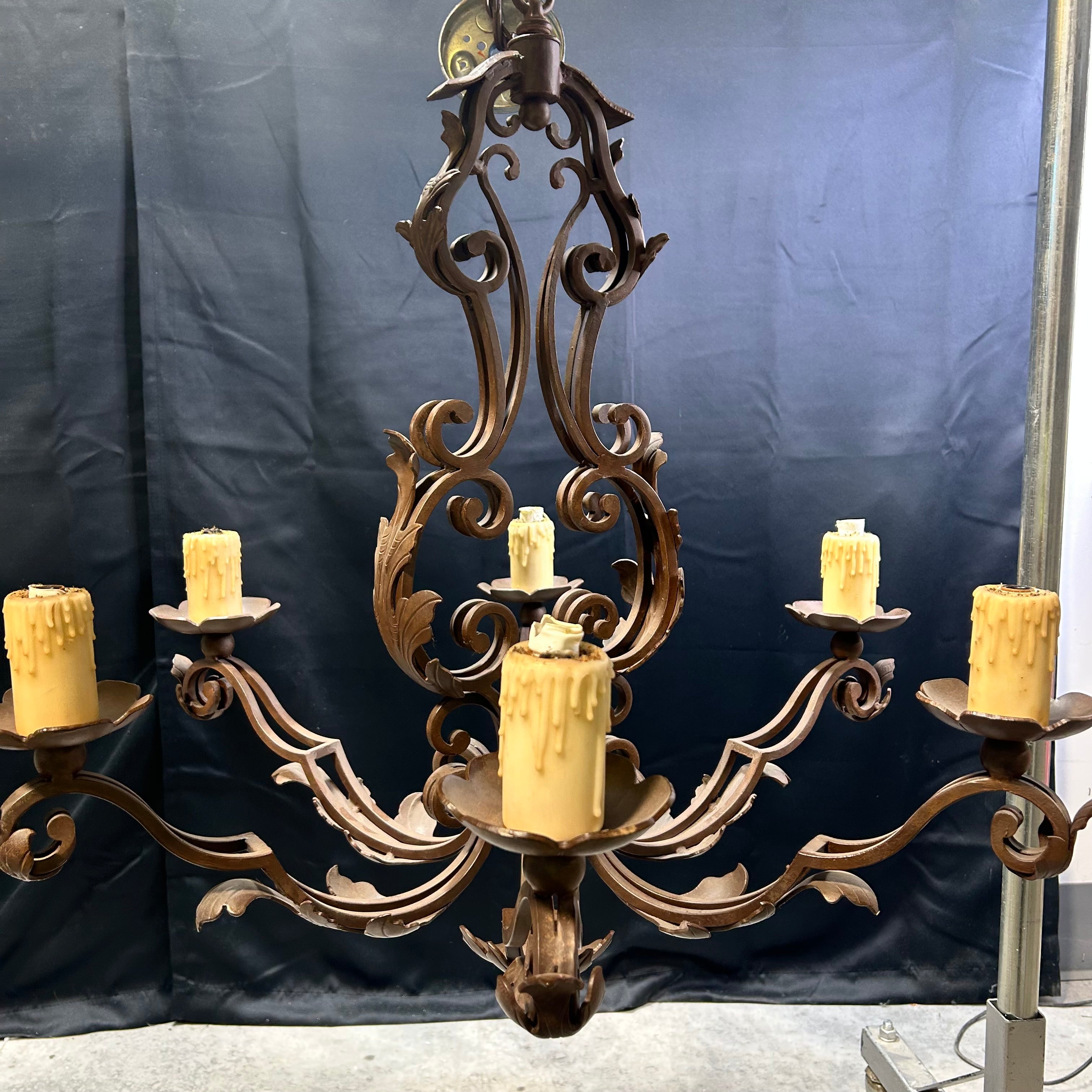 Vintage Scrolling Bronze Iron Chandelier 33"x 29"