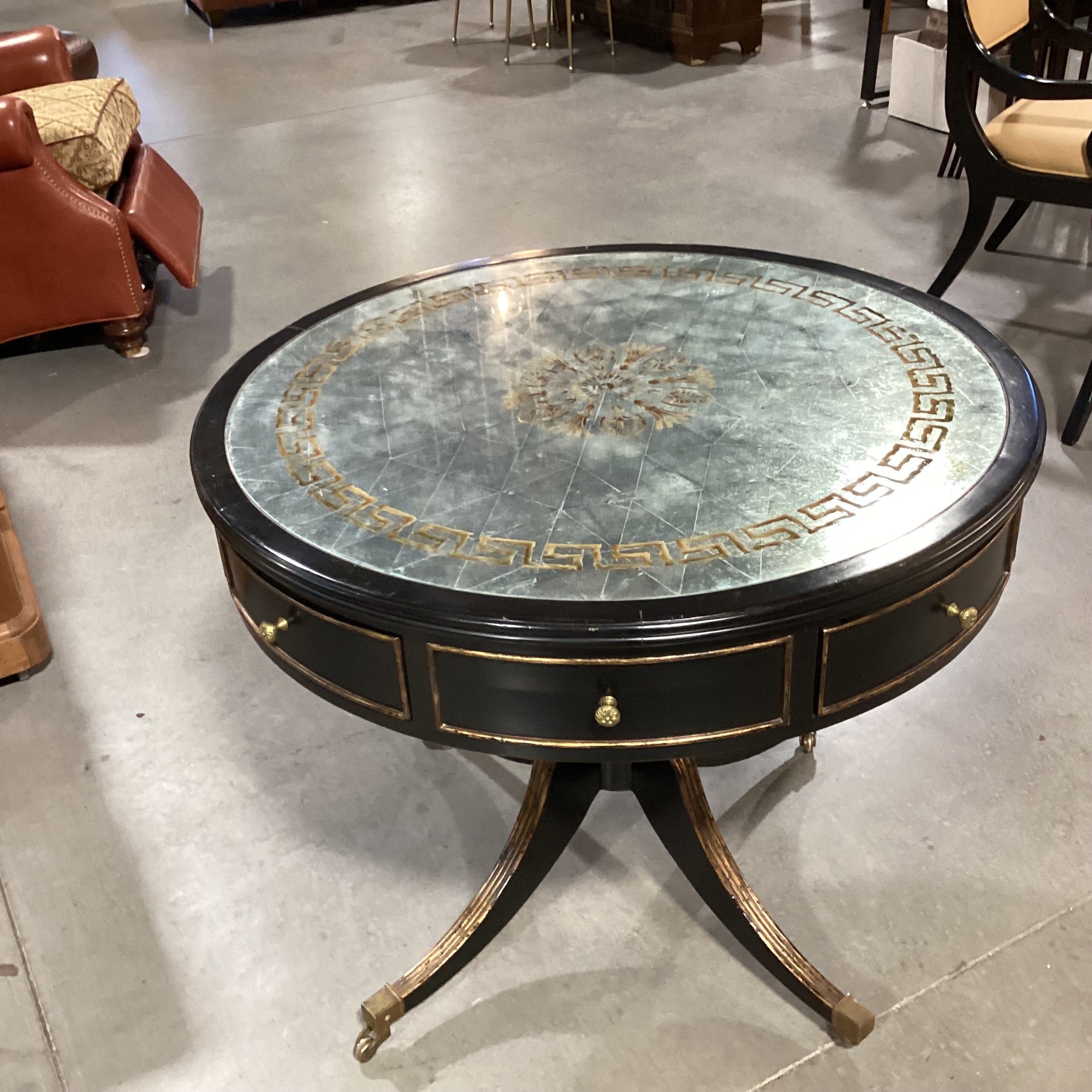 Black Gilded Gold Accent Wood & Gold Silver Antiqued Glass Top 4  Drawer with Casters Accent Table 37" Diameter x 30.5"
