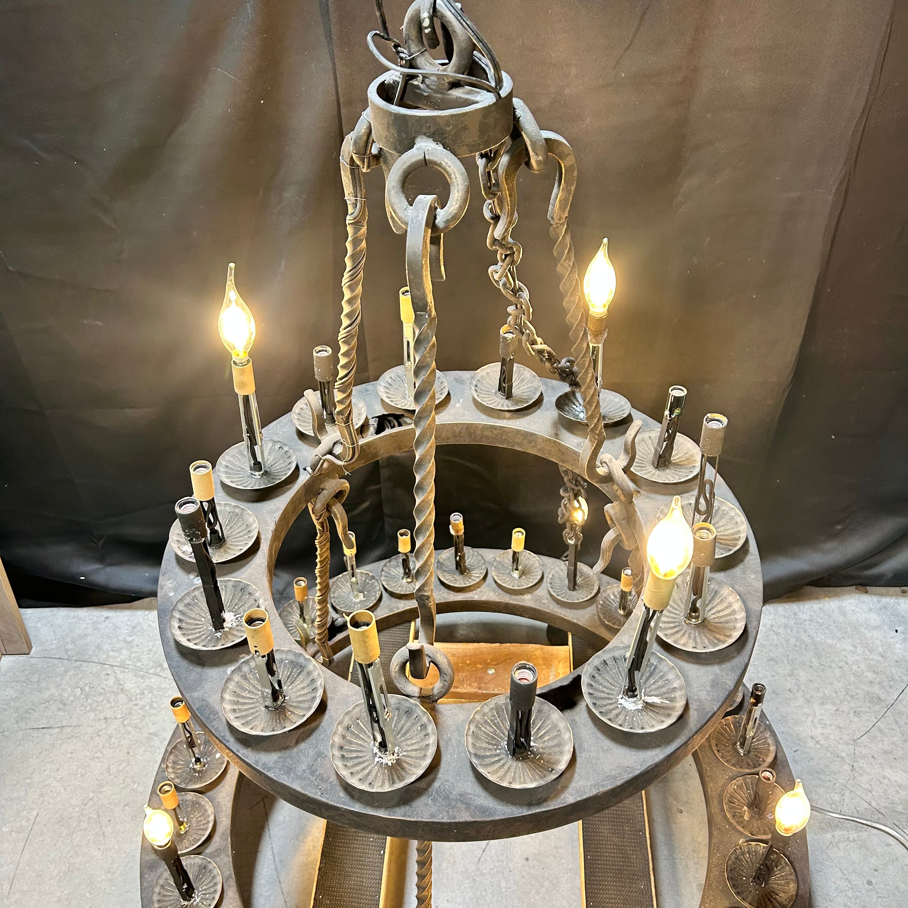 Large Rustic 2 Tier 30 Light Hand Forged Wrought Iron Chandelier 36"x 43"