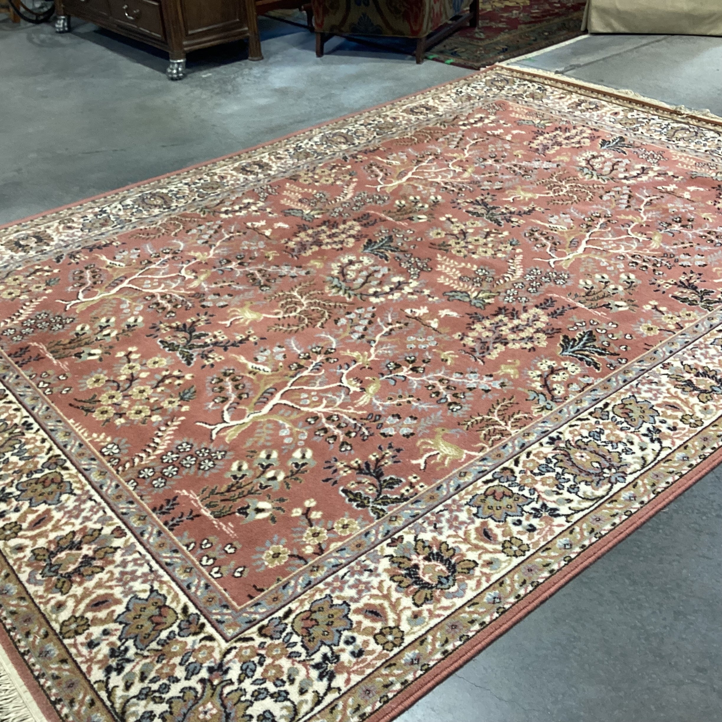 Galaxy Made in Belgium Vintage Salmon Blue Grey & Gold Leaf Floral Pure Virgin Wool Pile Rug 7'11"x 11'4"