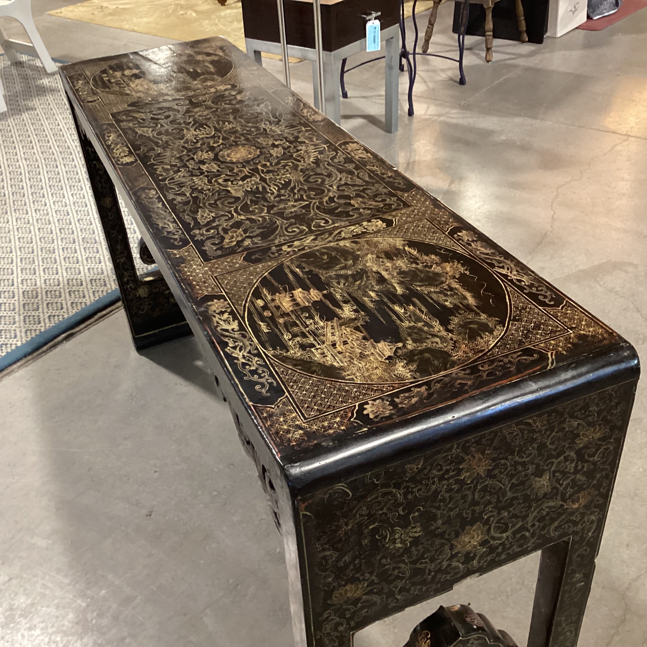 Vintage Chinoiserie Black Lacquer & Gold Hand Painted Console Sofa Table 61"x 16"x 34"