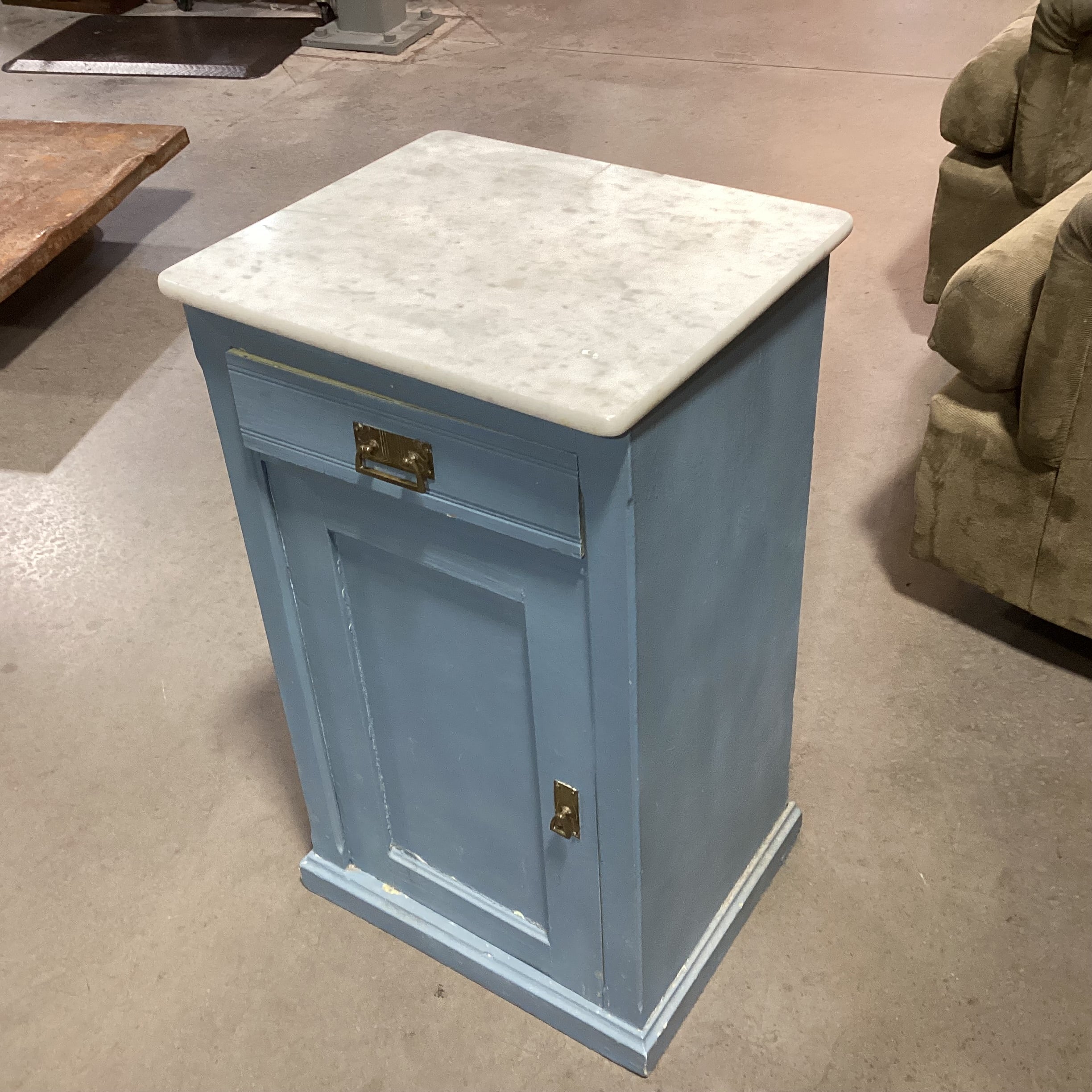 Rustic Wedgewood Blue 1 Drawer 1 Door with Marble Top End Table 17"x 14.5"x 28.5"