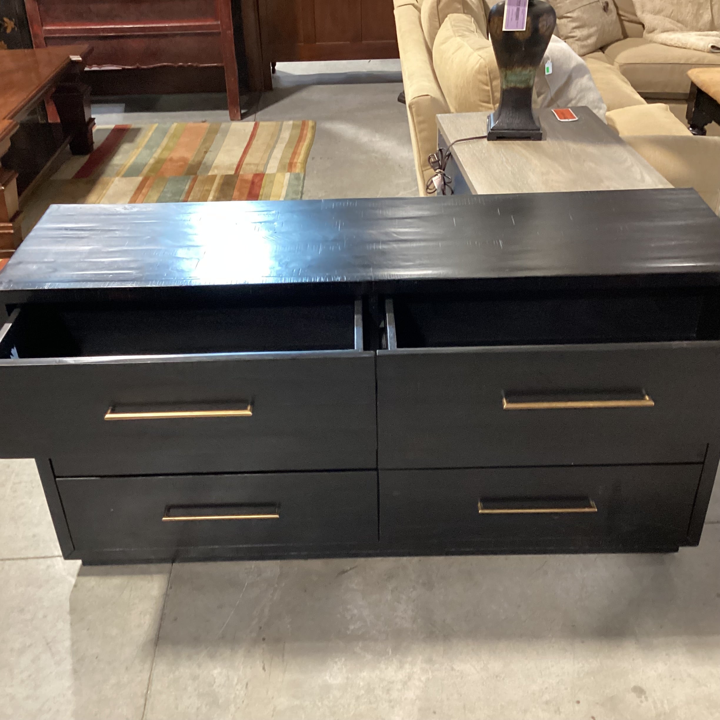 Four Hands Burnished Black Acacia Wood Antiqued Brass Rod Pulls 6 Drawer Suki Dresser 60"x 18"x 31.5"