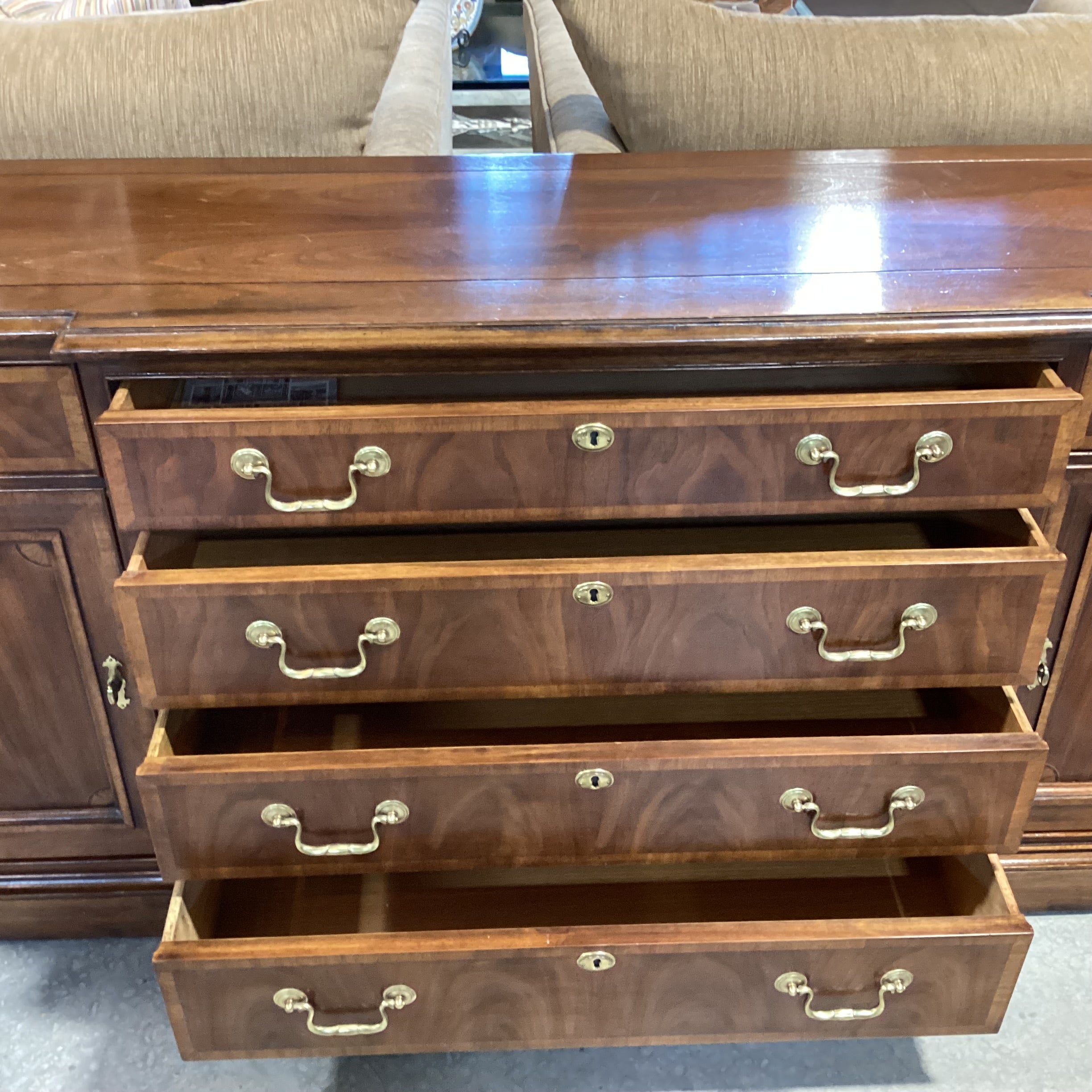 White Fine Furniture & Veneer with Finished Wood Brass Accents 6 Drawer 2 Door With Shelves Credenza 70.5"x 17.5"x 32.5"