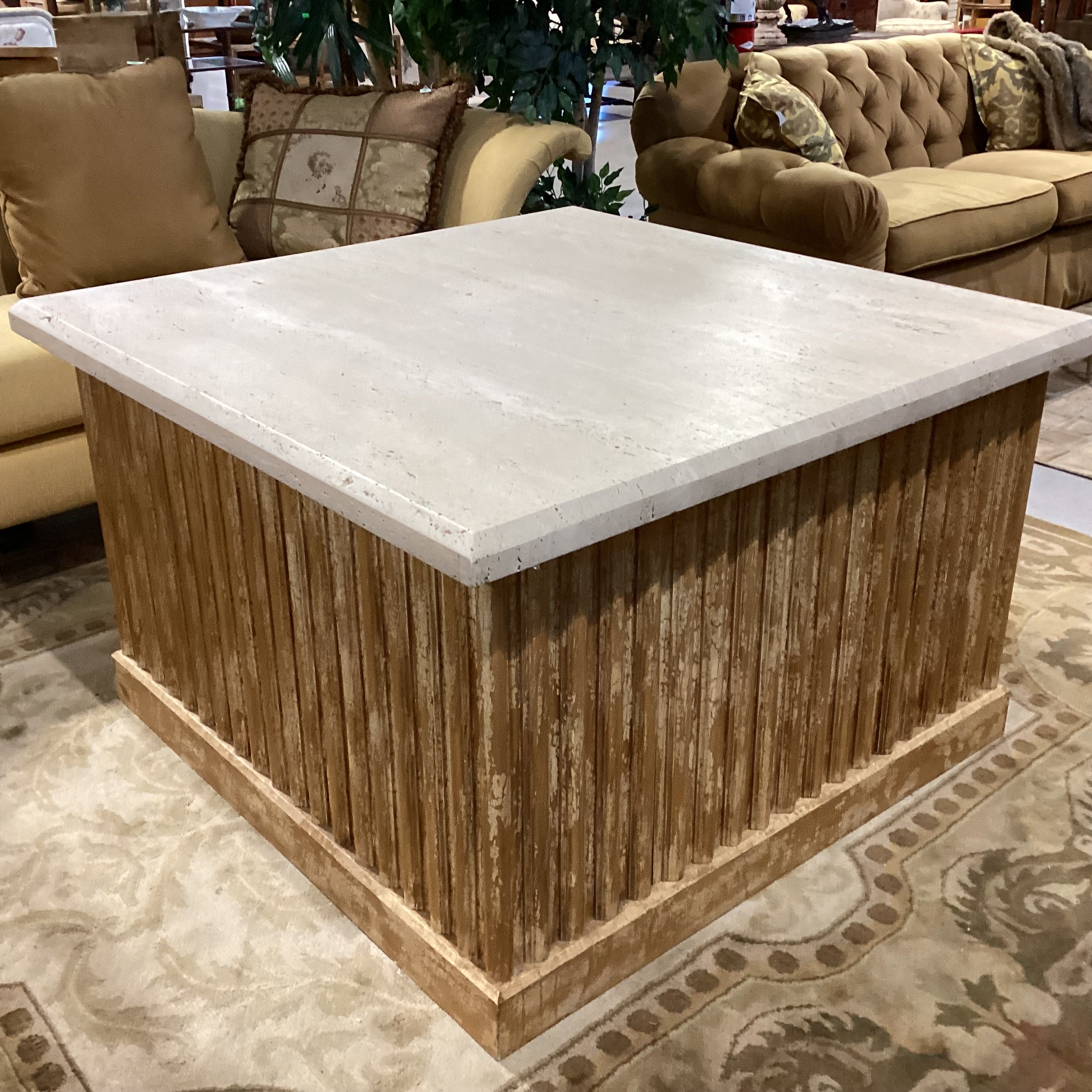 Custom Ribbed with Textured Crackle Finish Wood 1 Door with Shelf Travertine Top Accent Table 48"x 48"x 30"