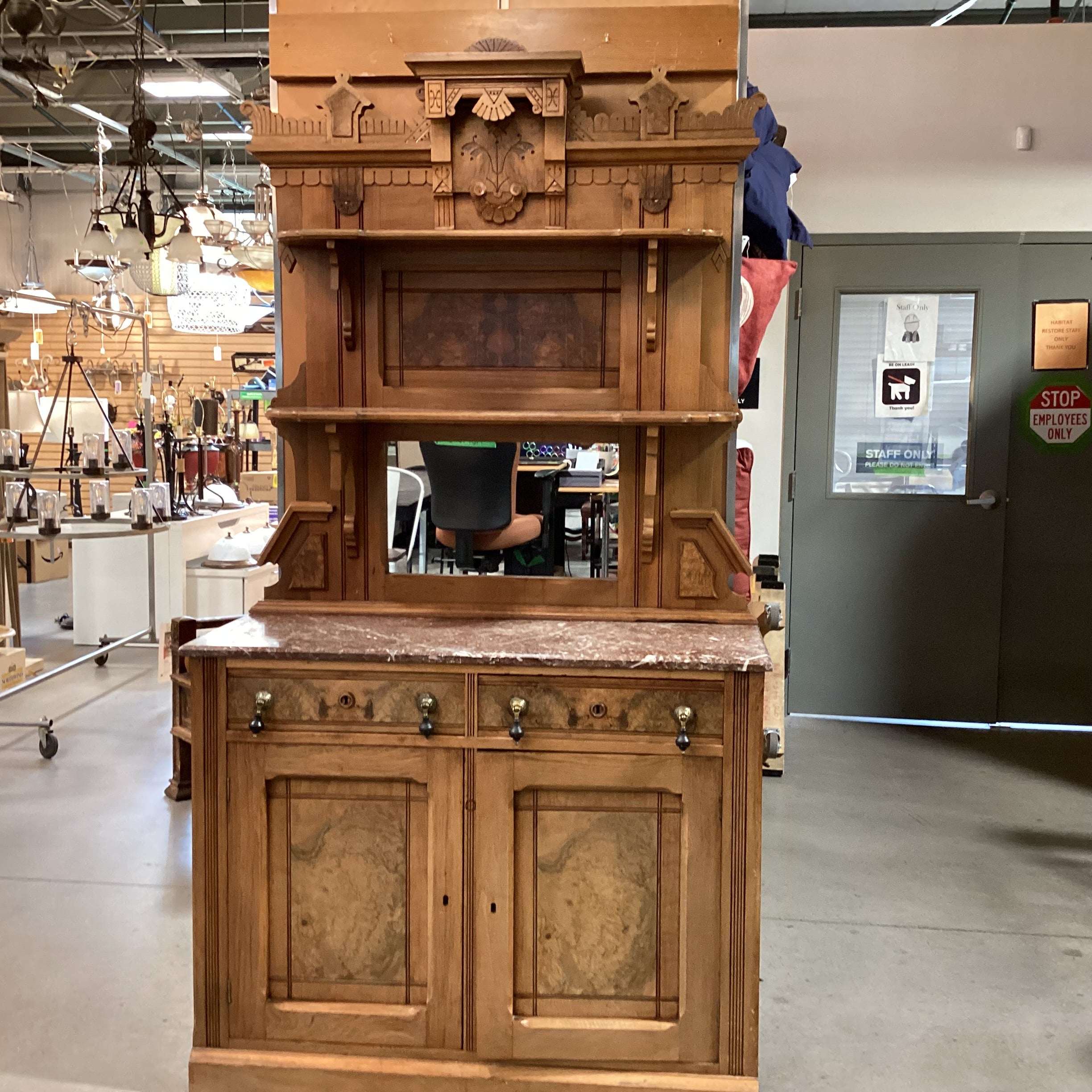Antique Eastlake Style Carved Wood & Burl Veneer Marble Top with Mirror & Shelves 2 Piece Sideboard 46"x 19"x 85"