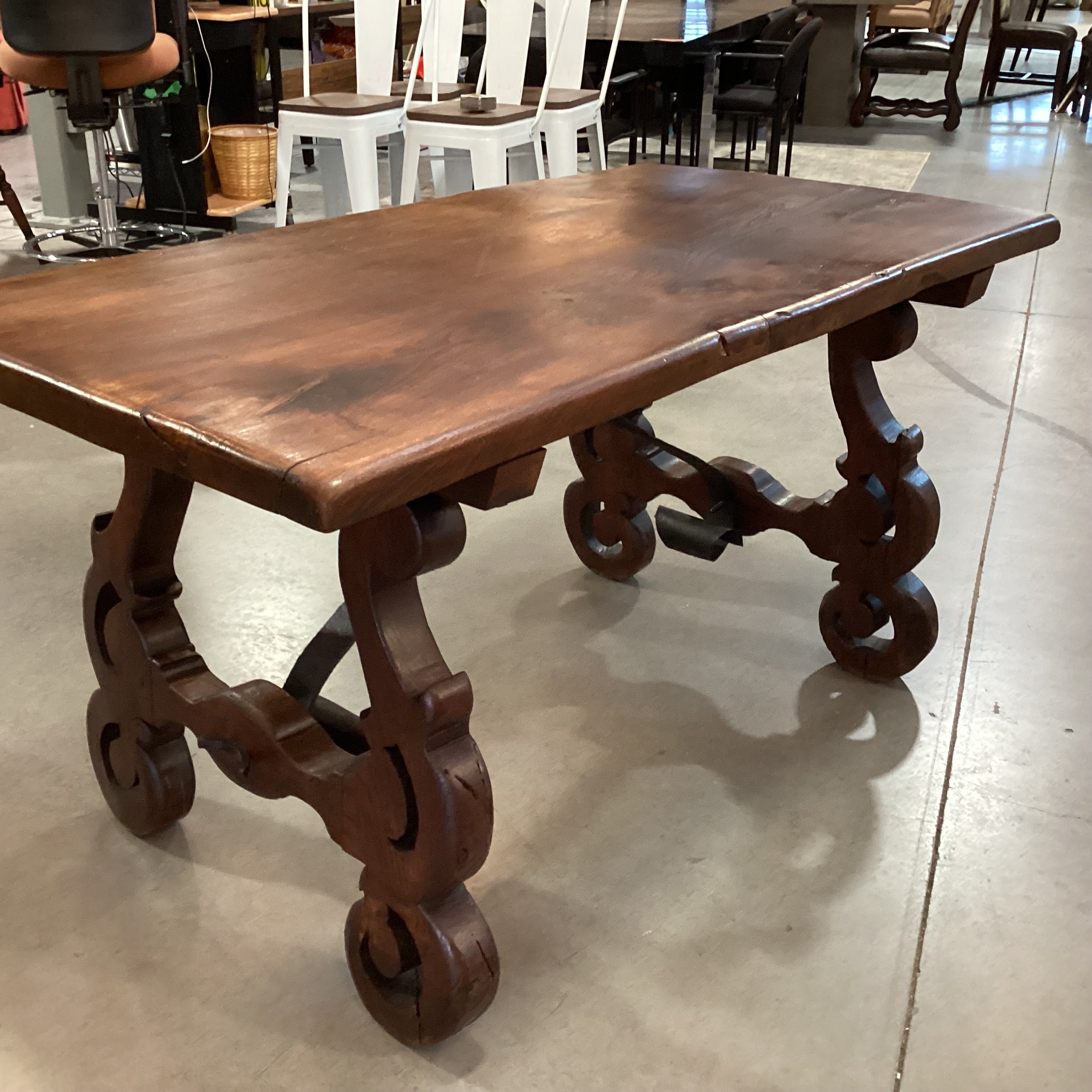 Vintage Antique Solid Wood Carved Side Legs & Iron Stetchers Trestle Accent Table 55"x 31"x 29"