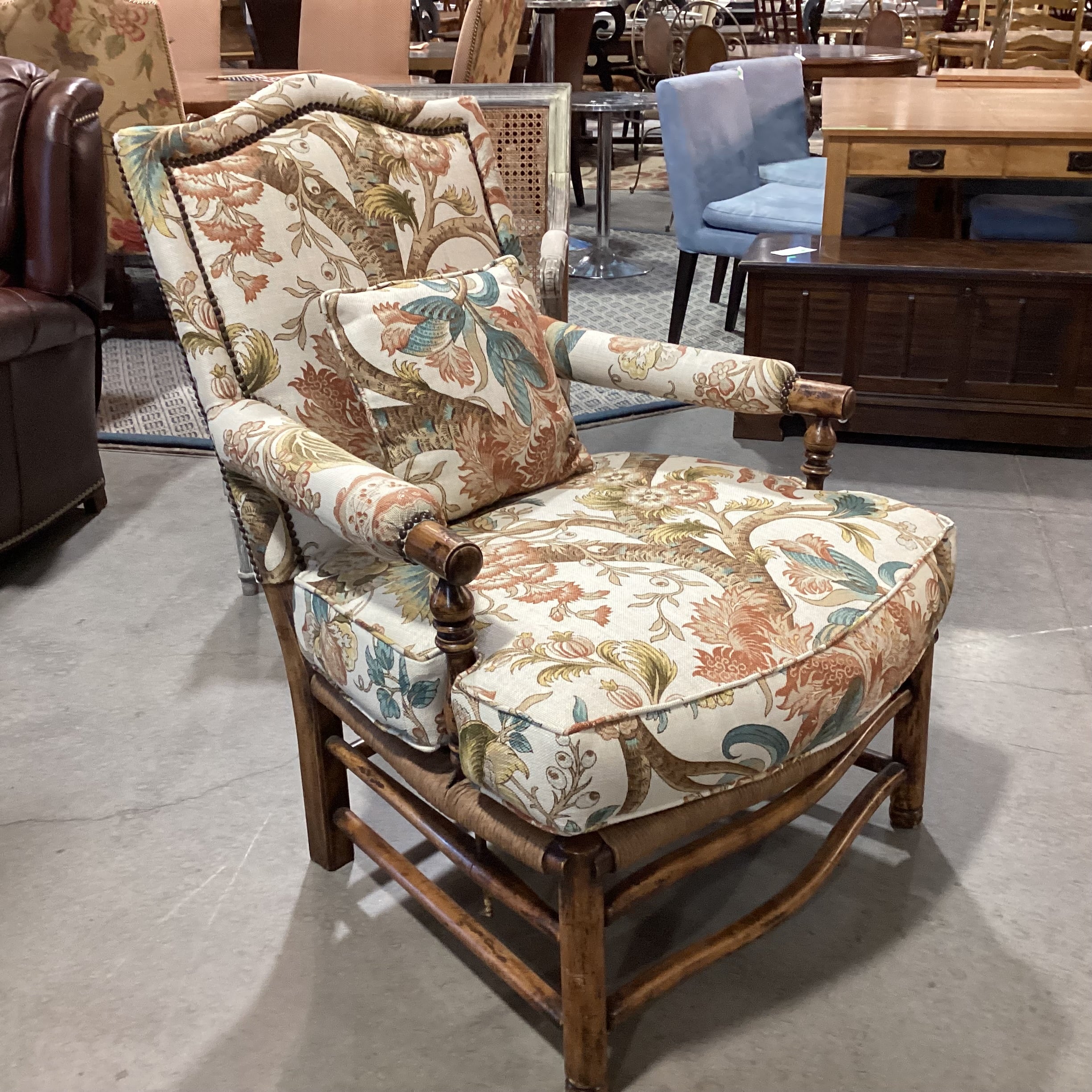 Carved Wood Rush Seat & Floral Belgian Linen Nailhead Chair 32"x 32"x 40"