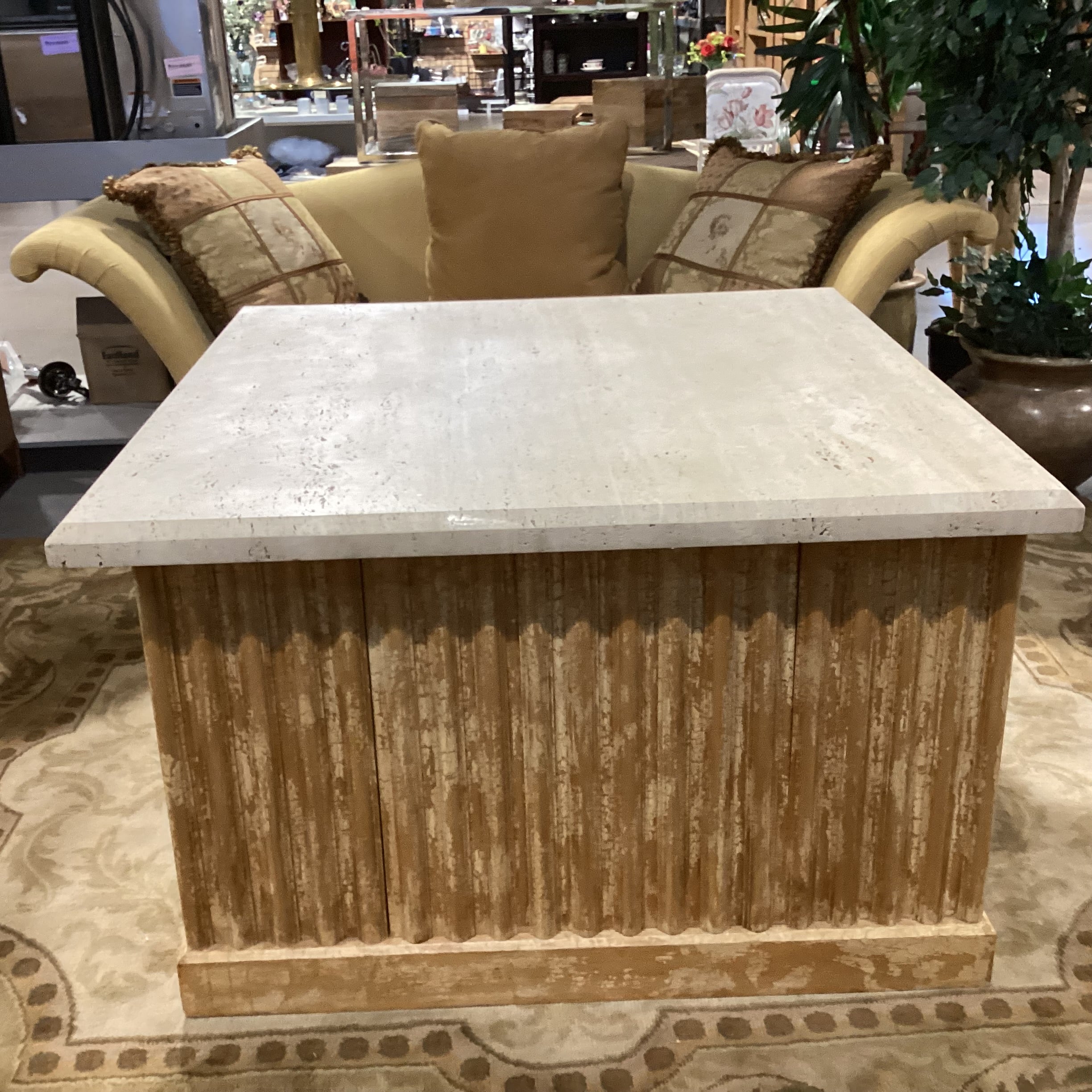 Custom Ribbed with Textured Crackle Finish Wood 1 Door with Shelf Travertine Top Accent Table 48"x 48"x 30"