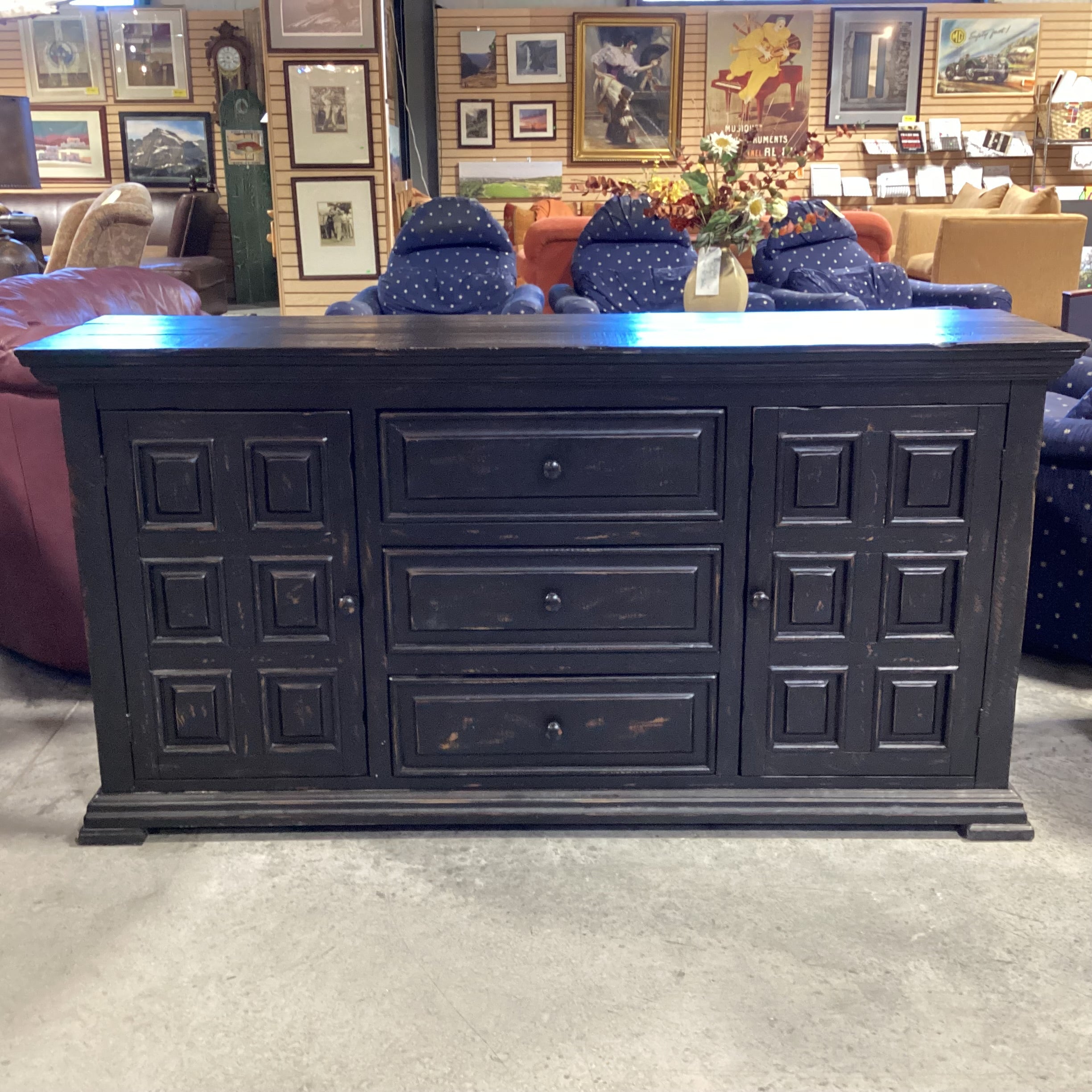 Black Distressed Wood 2 Door 3 Drawer Console Credenza 69"x 18.5"x 36"