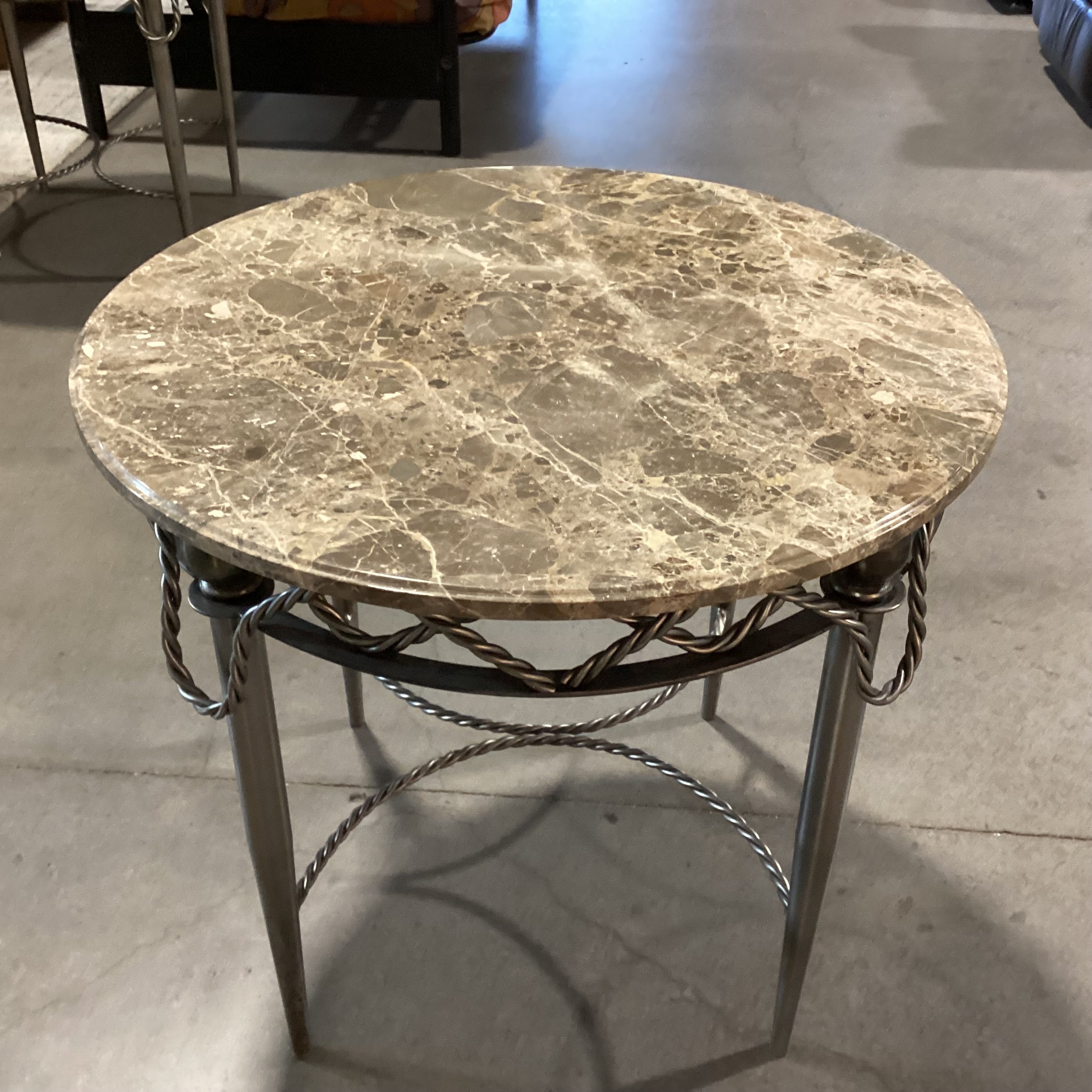 Yale R Burge Antiques Vintage Reproduction Steel Rope Design & Round Marble Top Accent Table 30" Diameter x 27"